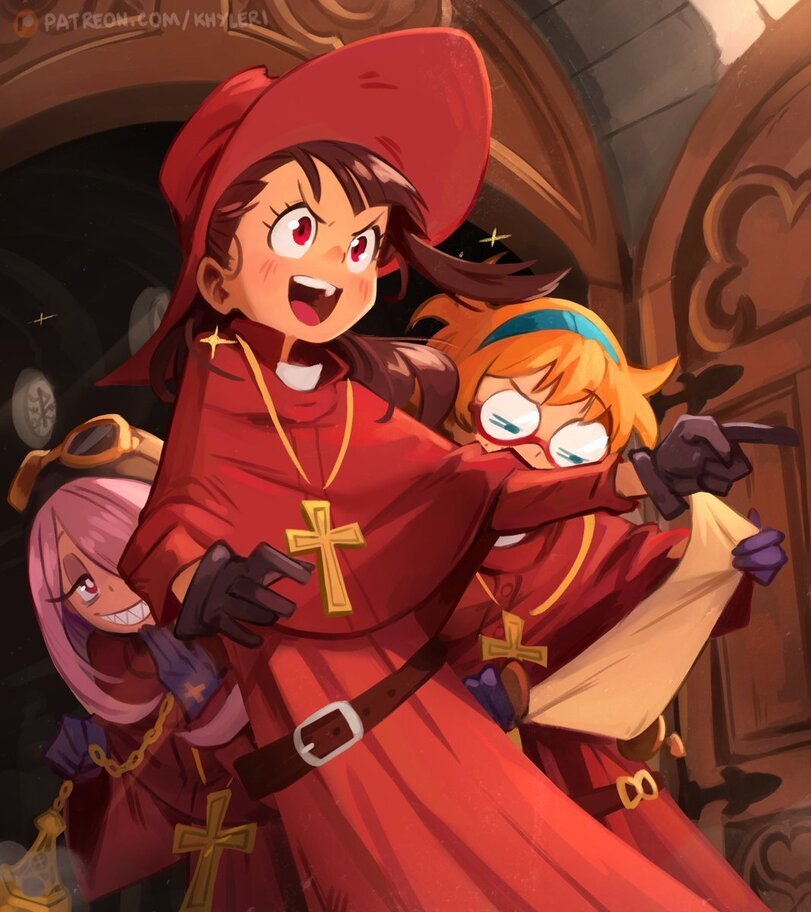 No one was waiting for the Spanish Inquisition! - Little witch academia, Anime, Anime art, Art, Akko Kagari, Sucy manbavaran, Lotte Yansson, Monty Python, The inquisition