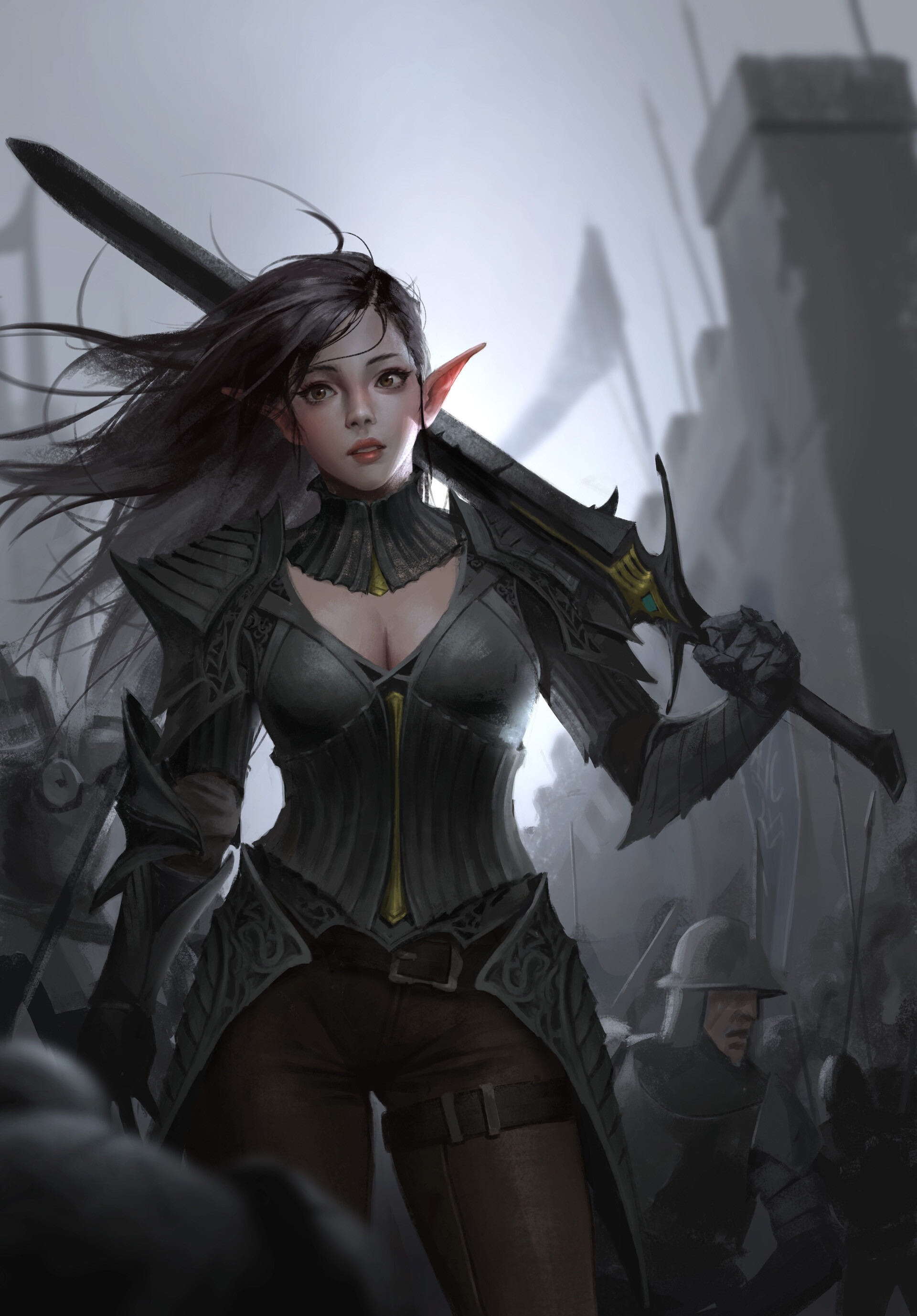 Paladin - Drawing, Fantasy, Elves, Girls, Warrior, Bangku An, Art