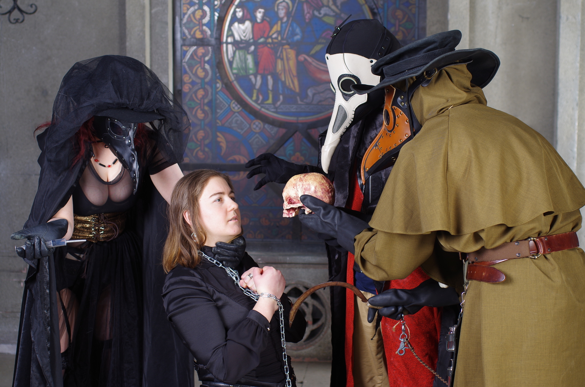 Plague Doctors Inquisitors and a Young Sinner - The photo, Cosplay, Mask, PHOTOSESSION, Professional shooting, Plague, Plague Doctor, Plague Doctor Mask, Cosplayers, Gothic, Models, Longpost, Pestilence, Blood, Beautiful, Body, Middle Ages, Suffering middle ages, The dress, Photographer