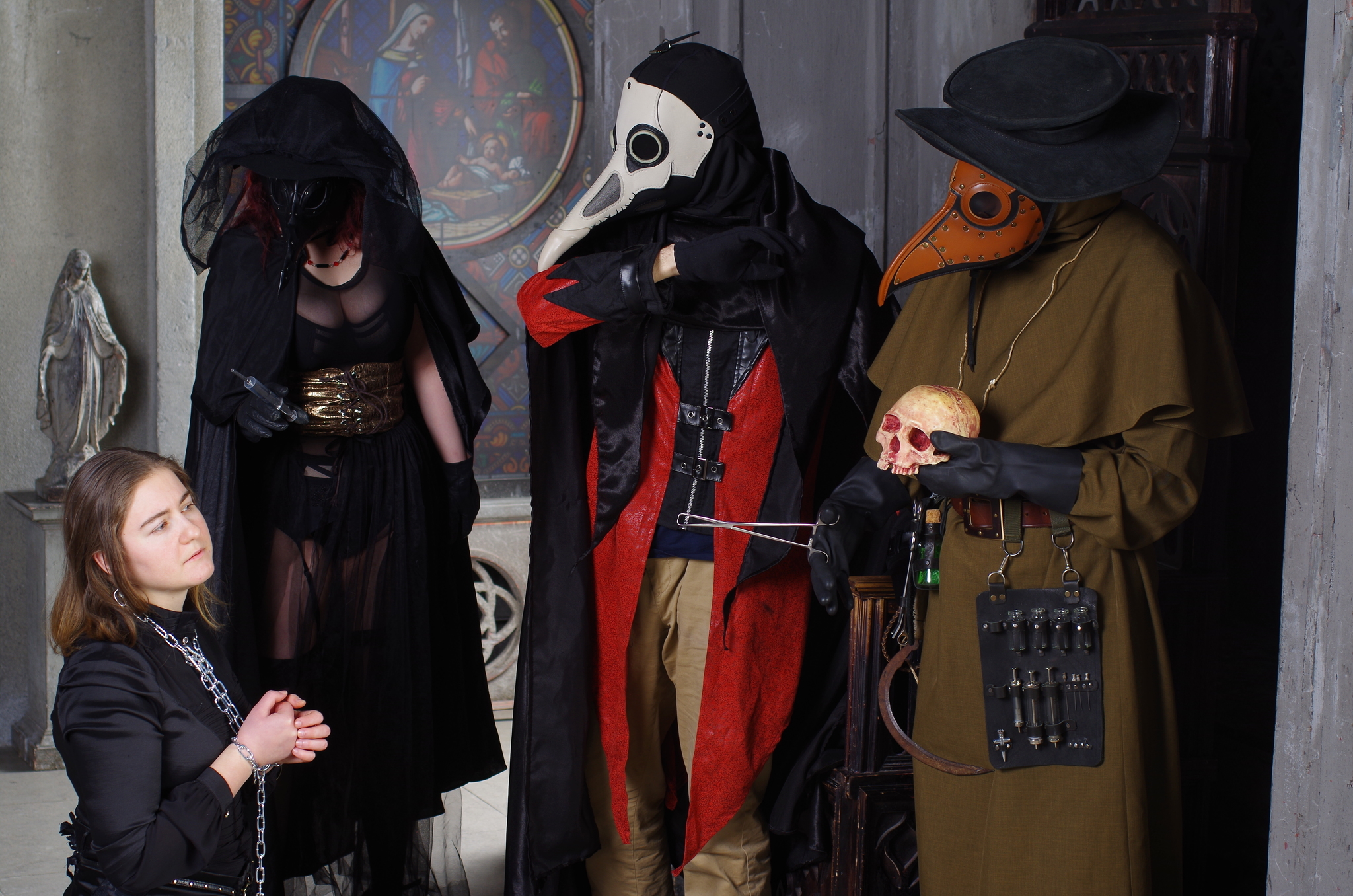 Plague Doctors Inquisitors and a Young Sinner - The photo, Cosplay, Mask, PHOTOSESSION, Professional shooting, Plague, Plague Doctor, Plague Doctor Mask, Cosplayers, Gothic, Models, Longpost, Pestilence, Blood, Beautiful, Body, Middle Ages, Suffering middle ages, The dress, Photographer