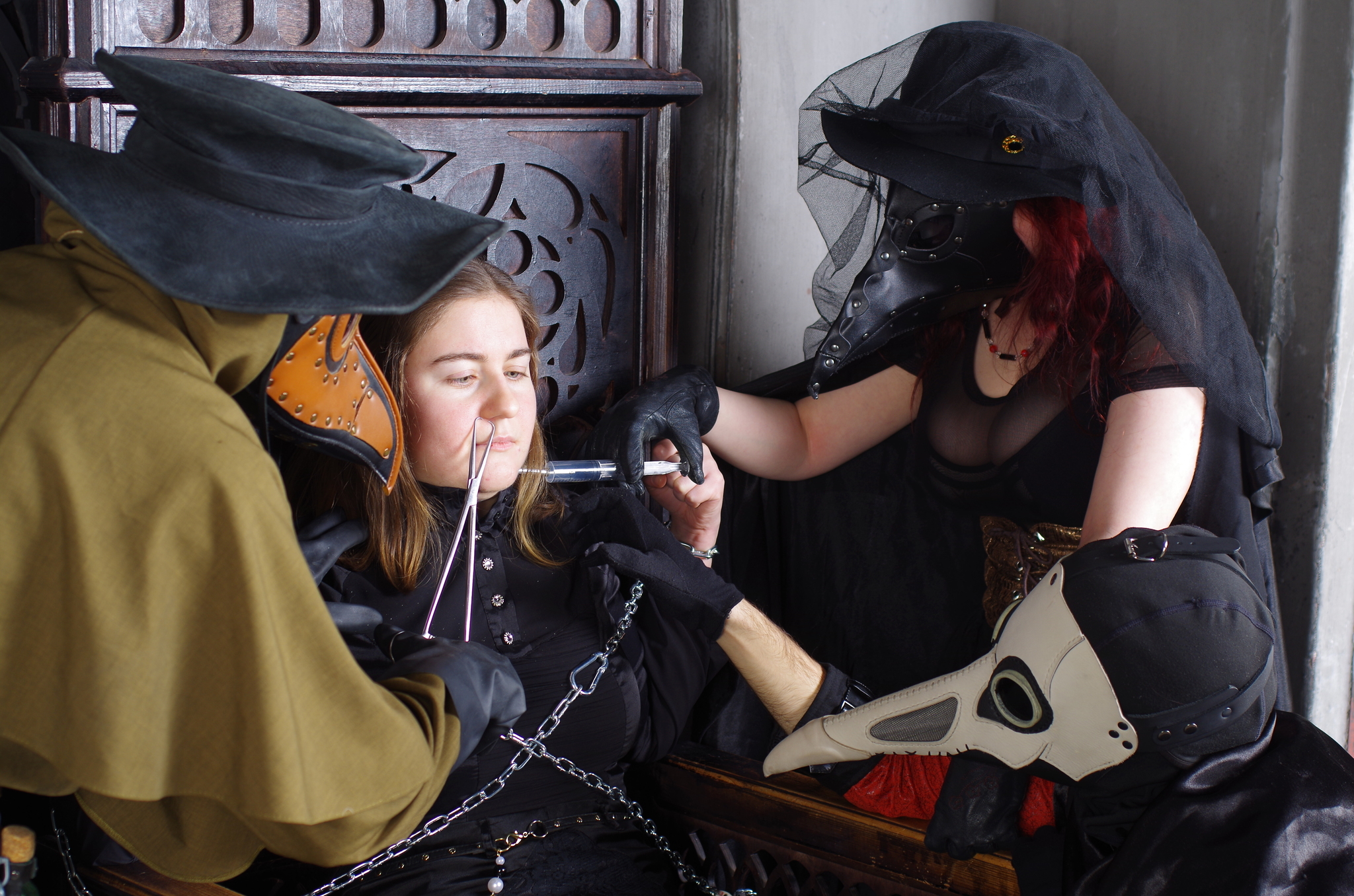 Plague Doctors Inquisitors and a Young Sinner - The photo, Cosplay, Mask, PHOTOSESSION, Professional shooting, Plague, Plague Doctor, Plague Doctor Mask, Cosplayers, Gothic, Models, Longpost, Pestilence, Blood, Beautiful, Body, Middle Ages, Suffering middle ages, The dress, Photographer