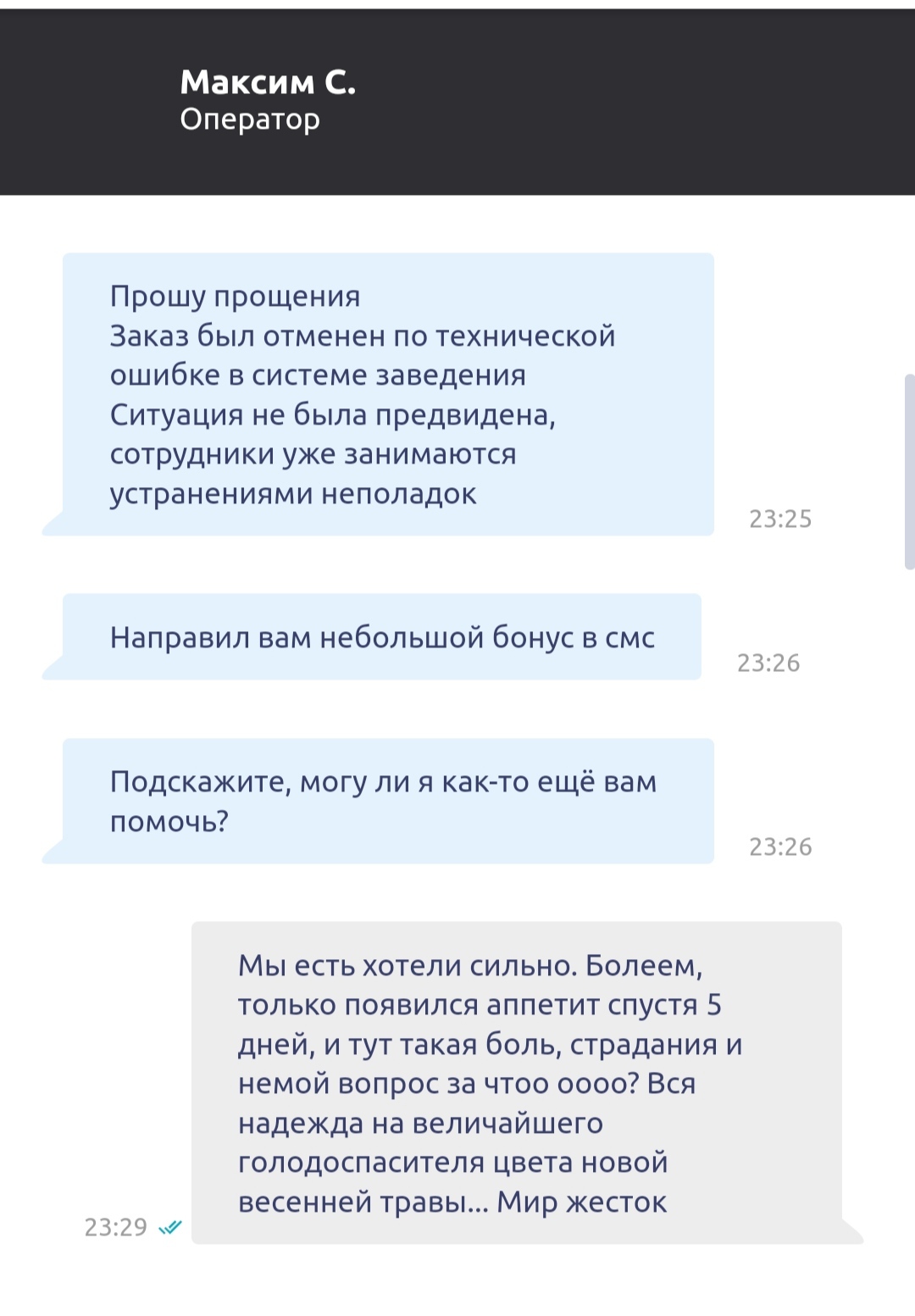 Клиентоориентированность - Моё, Помощь, Служба поддержки, Доставка еды, Длиннопост, Скриншот