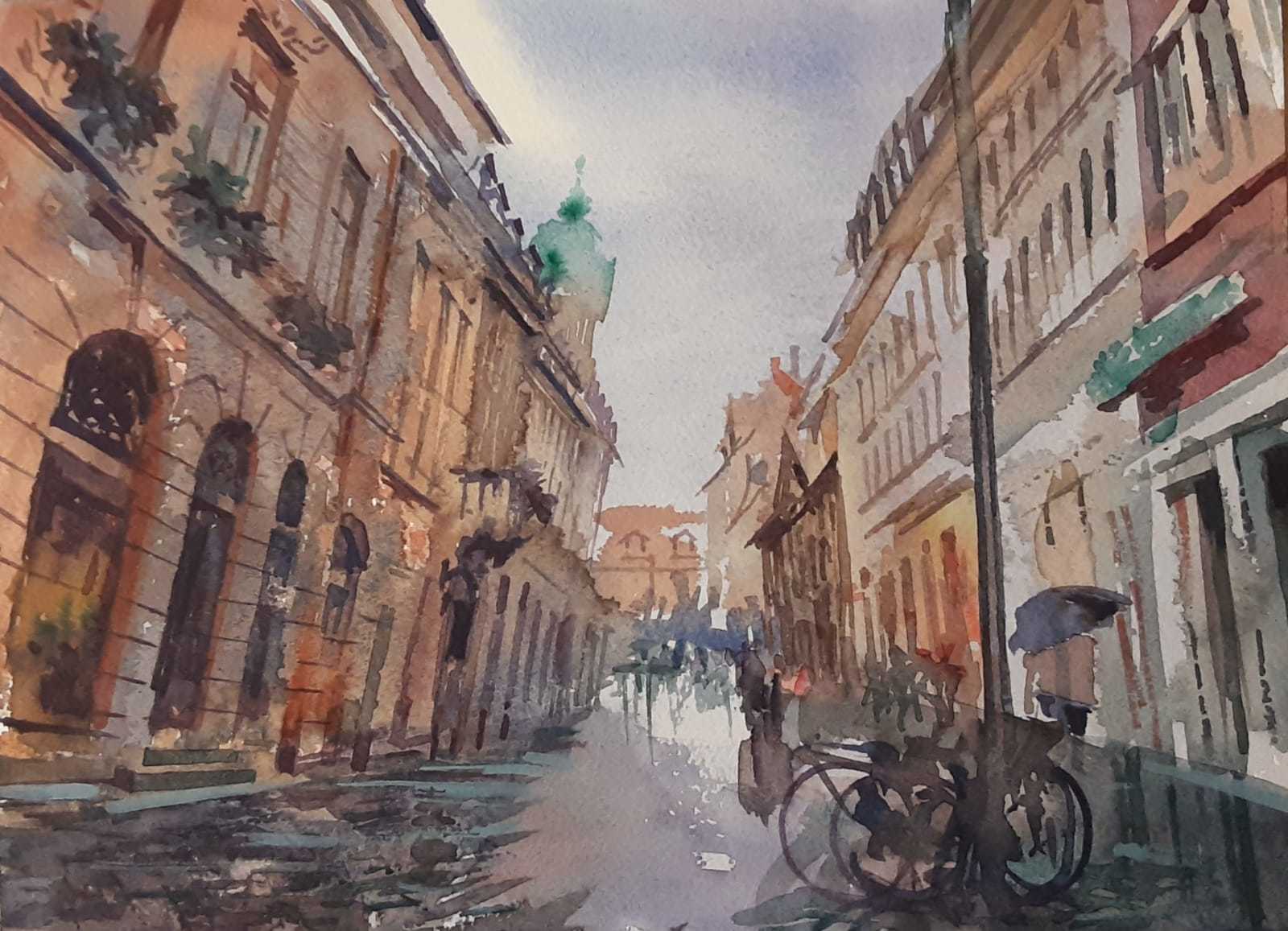 Rain - My, Watercolor, Painting, Street painting, Landscape