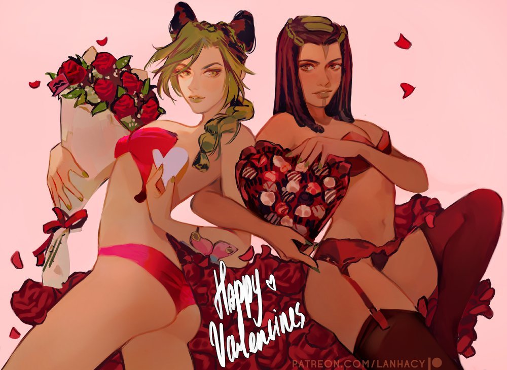 Happy Valentines! - NSFW, Anime art, Art, Jojos bizarre adventure, Stone Ocean, Jolyne Cujoh, Ermes Costello, Girls, Stockings, Underwear, February 14 - Valentine's Day, Anime, Lanhacy