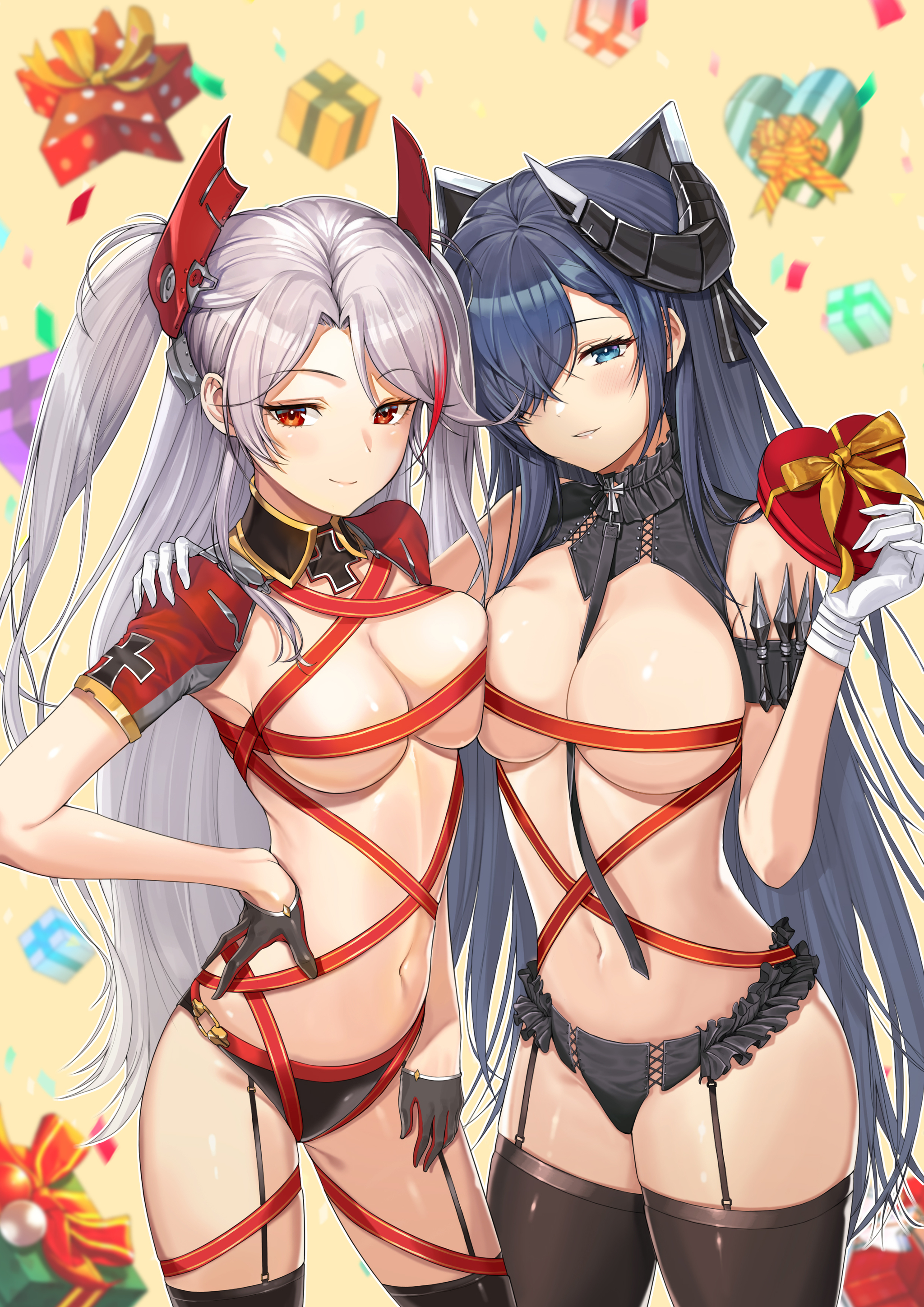 August & Prinz Eugen - NSFW, Anime, Anime art, Azur lane, August von Parseval, Prinz Eugen, Boobs, Pantsu, Stockings, Suspenders, Hand-drawn erotica, Erotic