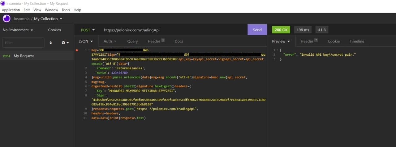 Почему Polonex дает невалидный пароль в ответе? - Моё, Вопрос, Нужен совет, Poloniex, Криптобиржа, Криптовалюта, Проблема, Деньги, Биржа, Api