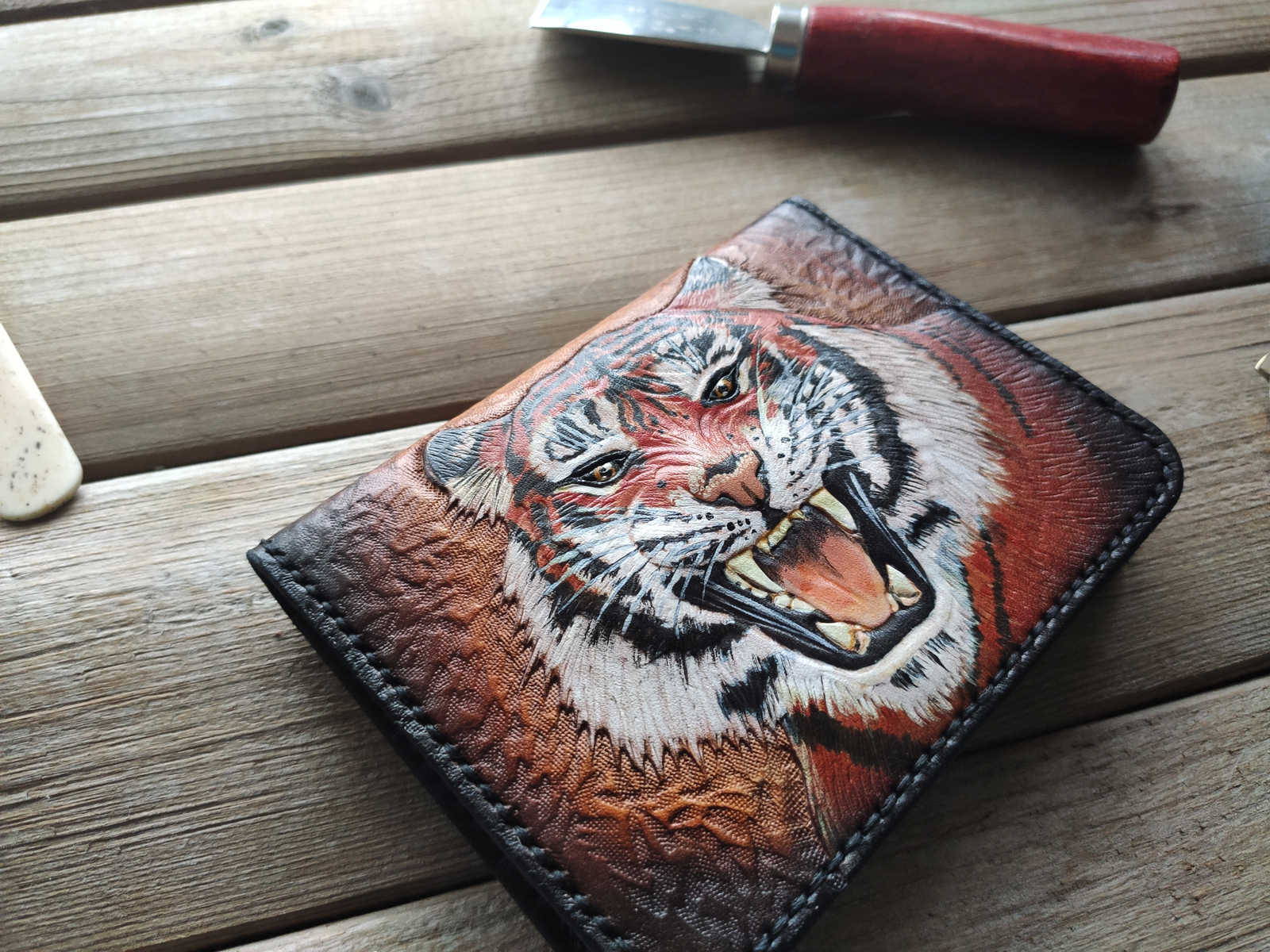 Tiger - My, Handmade, Natural leather, Embossing on leather, Leather products, Cover, Longpost