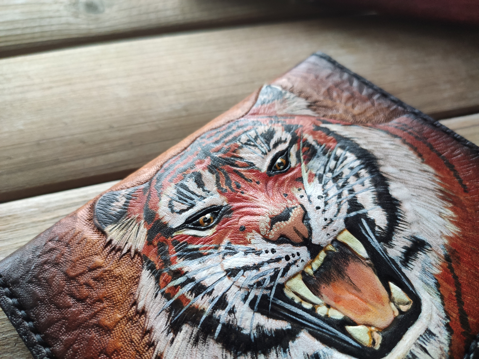 Tiger - My, Handmade, Natural leather, Embossing on leather, Leather products, Cover, Longpost