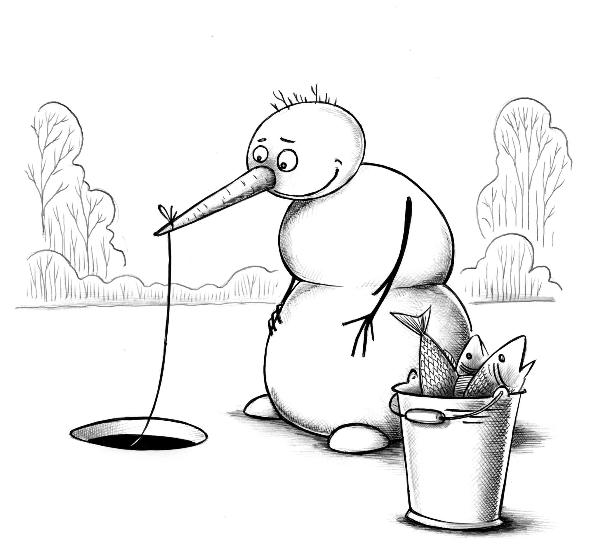 Winter fishing - My, Sergey Korsun, Caricature, Pen drawing, Winter fishing, snowman, Ingenuity