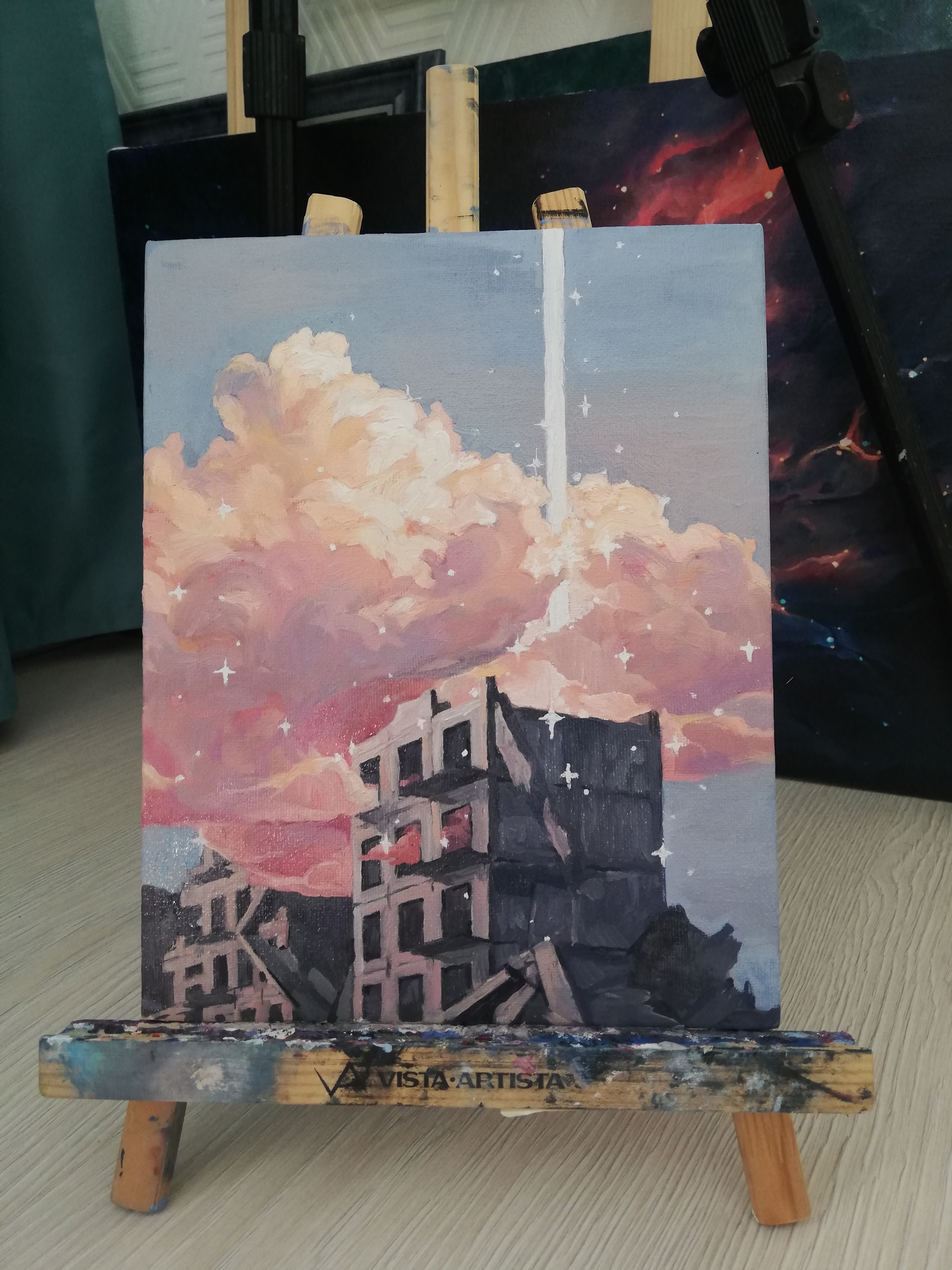 Augmented reality. A series of small oil paintings - My, Panel house, Landscape, Painting, Oil painting, Sunset, Sunrise, Town, Longpost