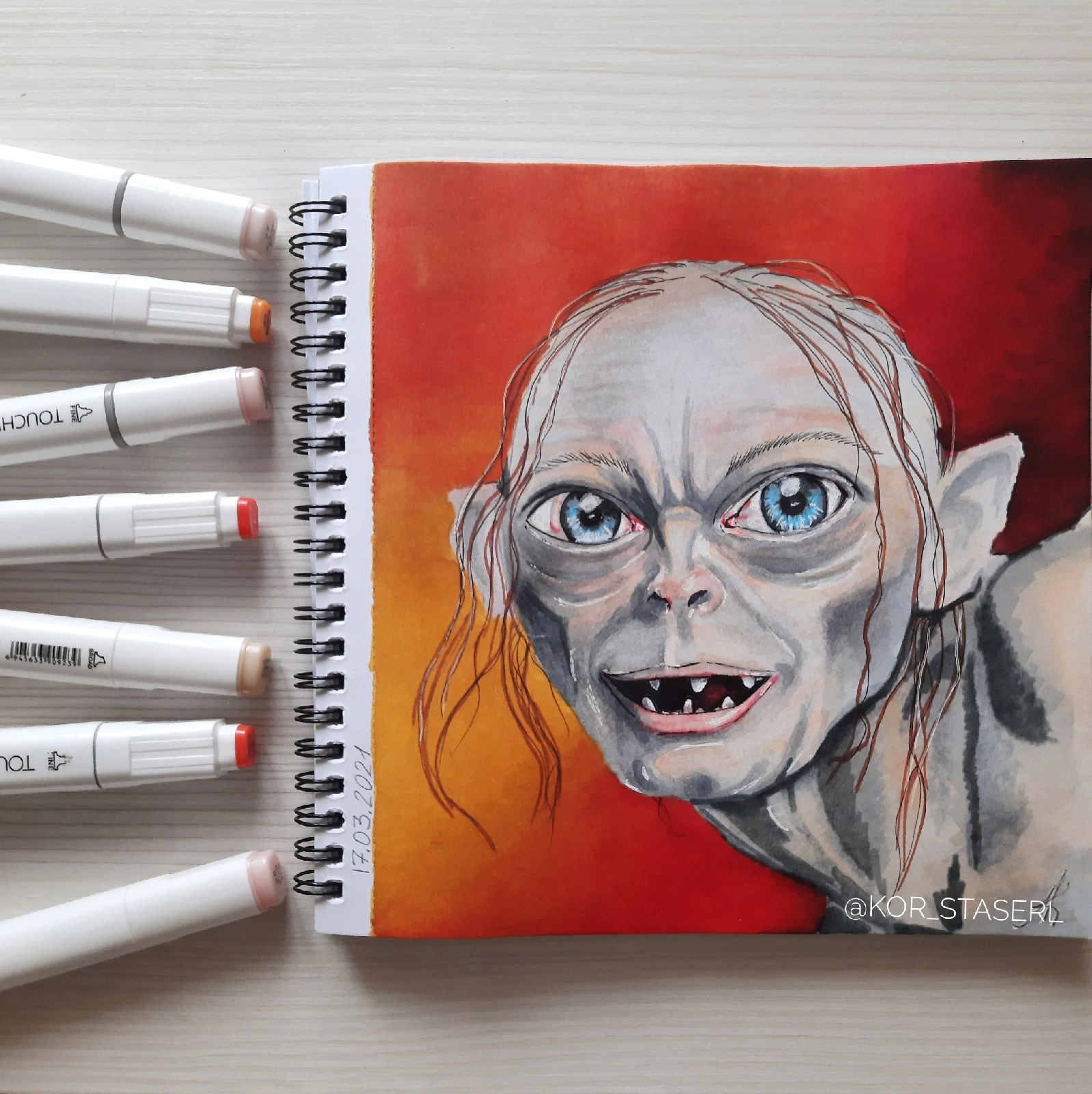 Gollum aka Smagol. A character from John R. R. Tolkien's The Hobbit, or There and Back again and The Lord of the Rings - My, Art, Lord of the Rings, Creation, Drawing, Alcohol markers