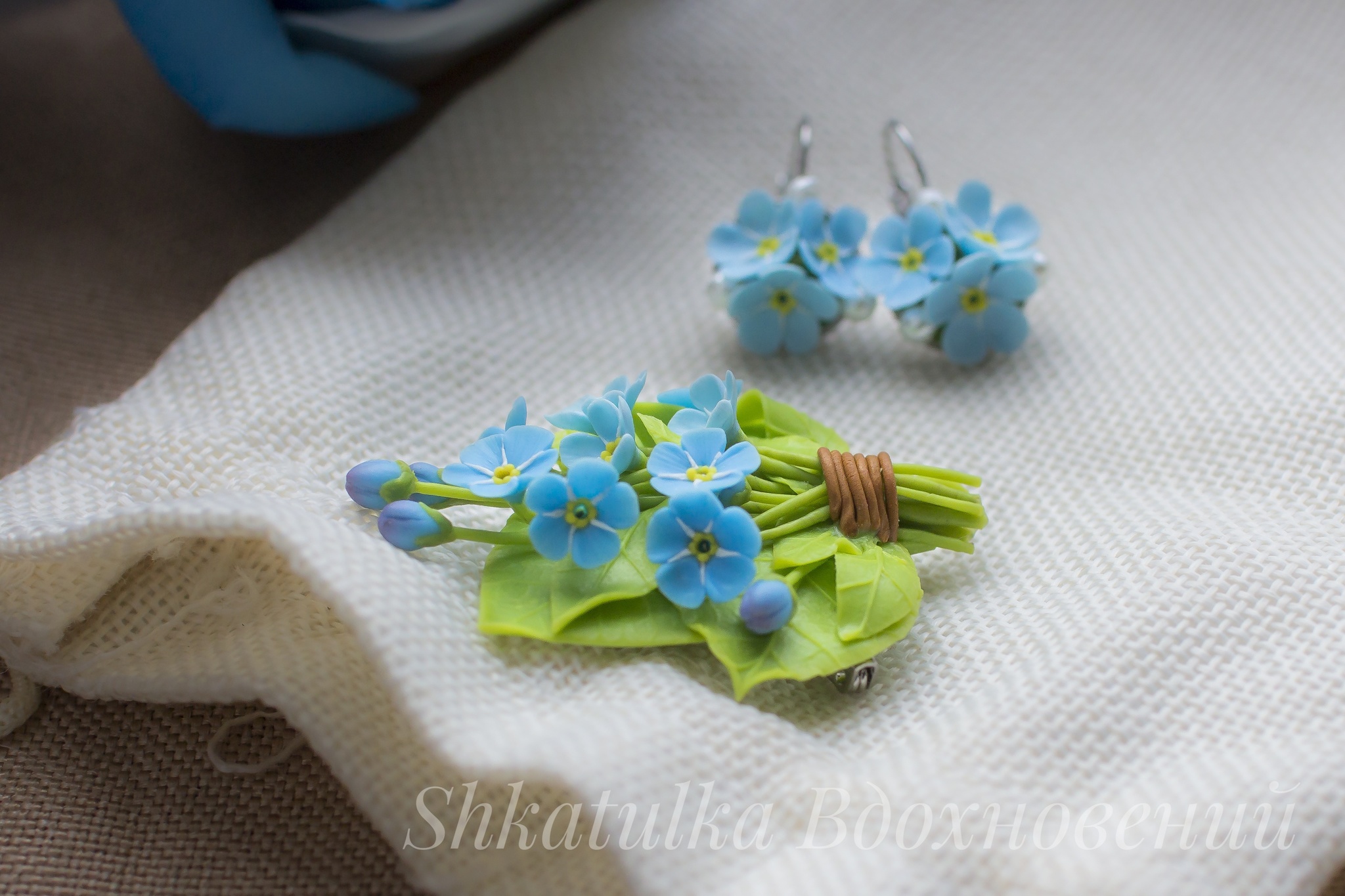 Forget-me-nots made of polymer clay - My, Forget-me-nots, Flowers, Brooch, Earrings, Decoration, Polymer clay, Decor, Лепка, Longpost