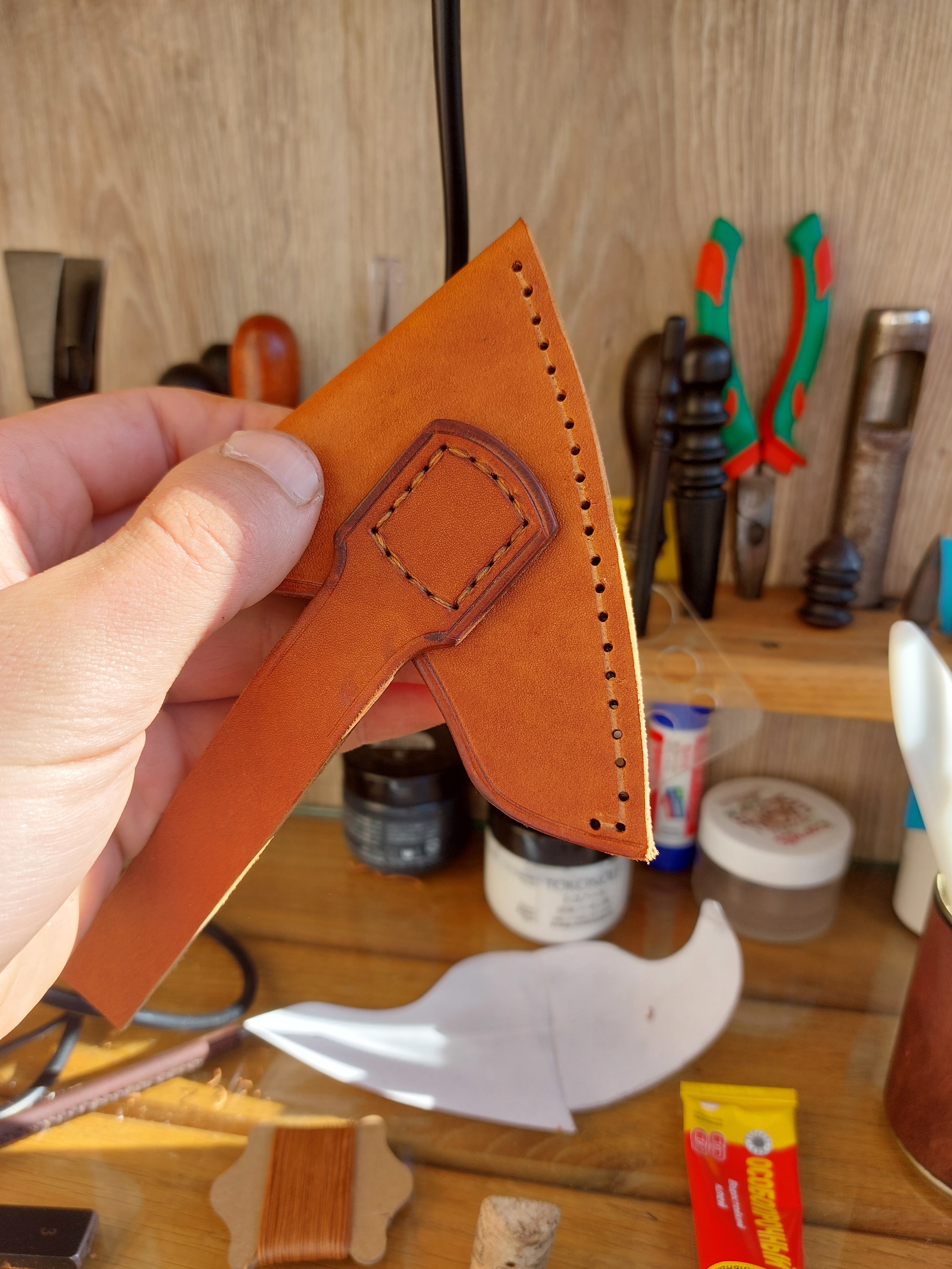 Simple axe blade cover - My, Case, Axe, Leather, Natural leather, Handmade, Hand seam, Longpost