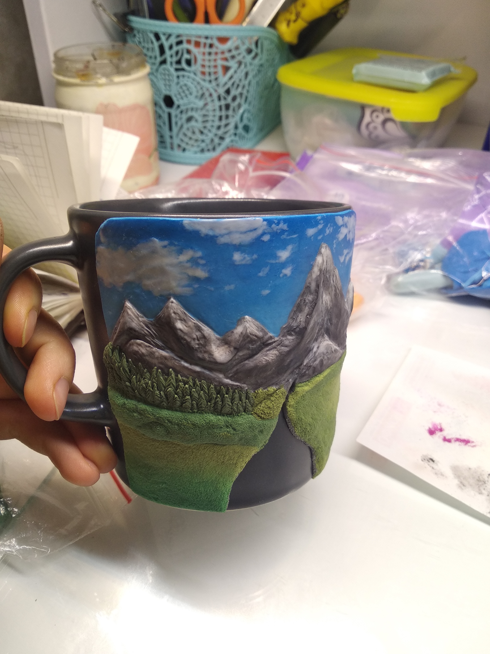 Can only mountains be better than mountains? Decor of the mug with polymer clay - My, Лепка, Polymer clay, Hobby, Mug with decor, The mountains, Needlework, Needlework with process, Process, Stages, Кружки, Presents, Handmade, 2022, Longpost, 