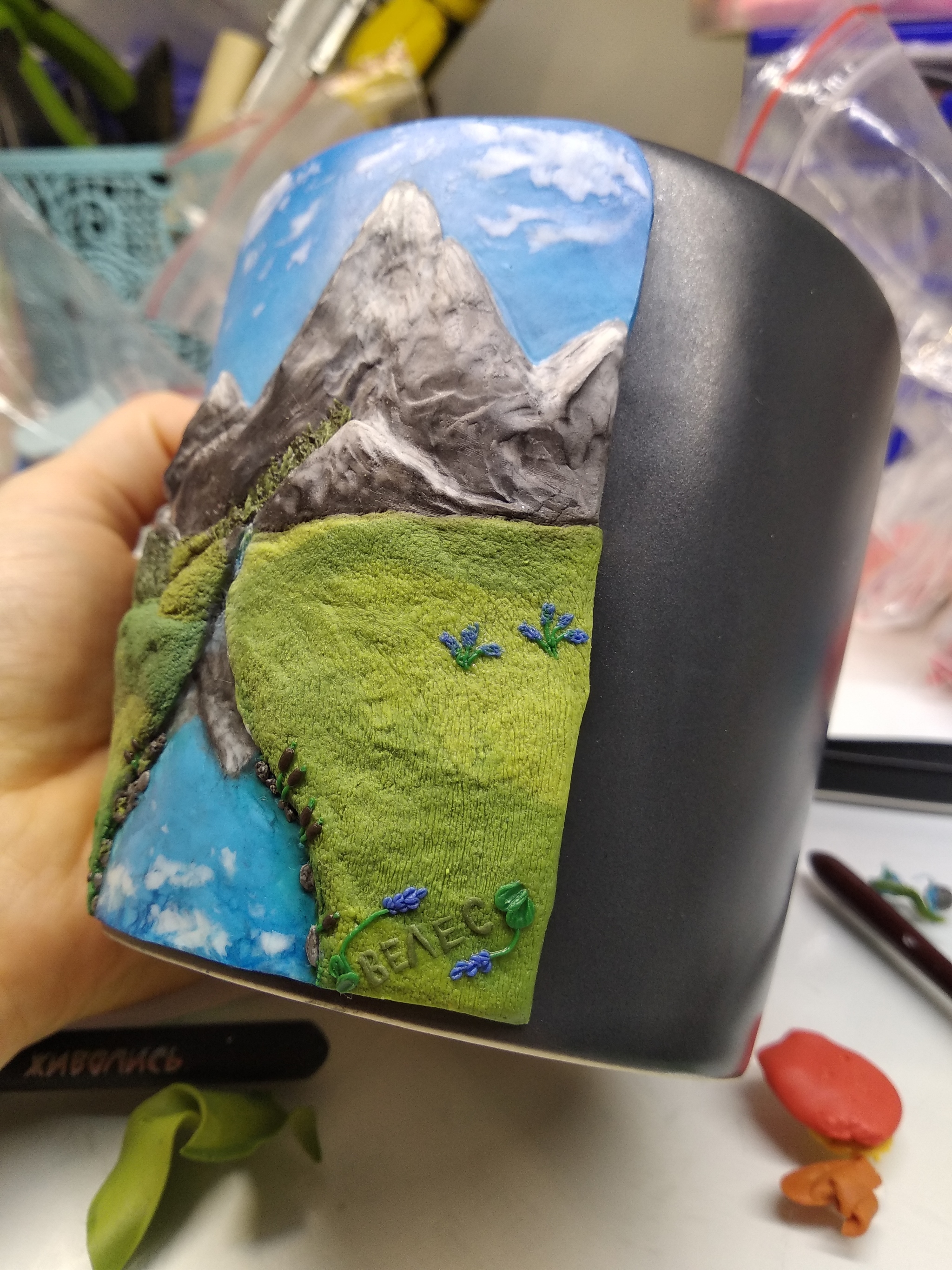 Can only mountains be better than mountains? Decor of the mug with polymer clay - My, Лепка, Polymer clay, Hobby, Mug with decor, The mountains, Needlework, Needlework with process, Process, Stages, Кружки, Presents, Handmade, 2022, Longpost, 