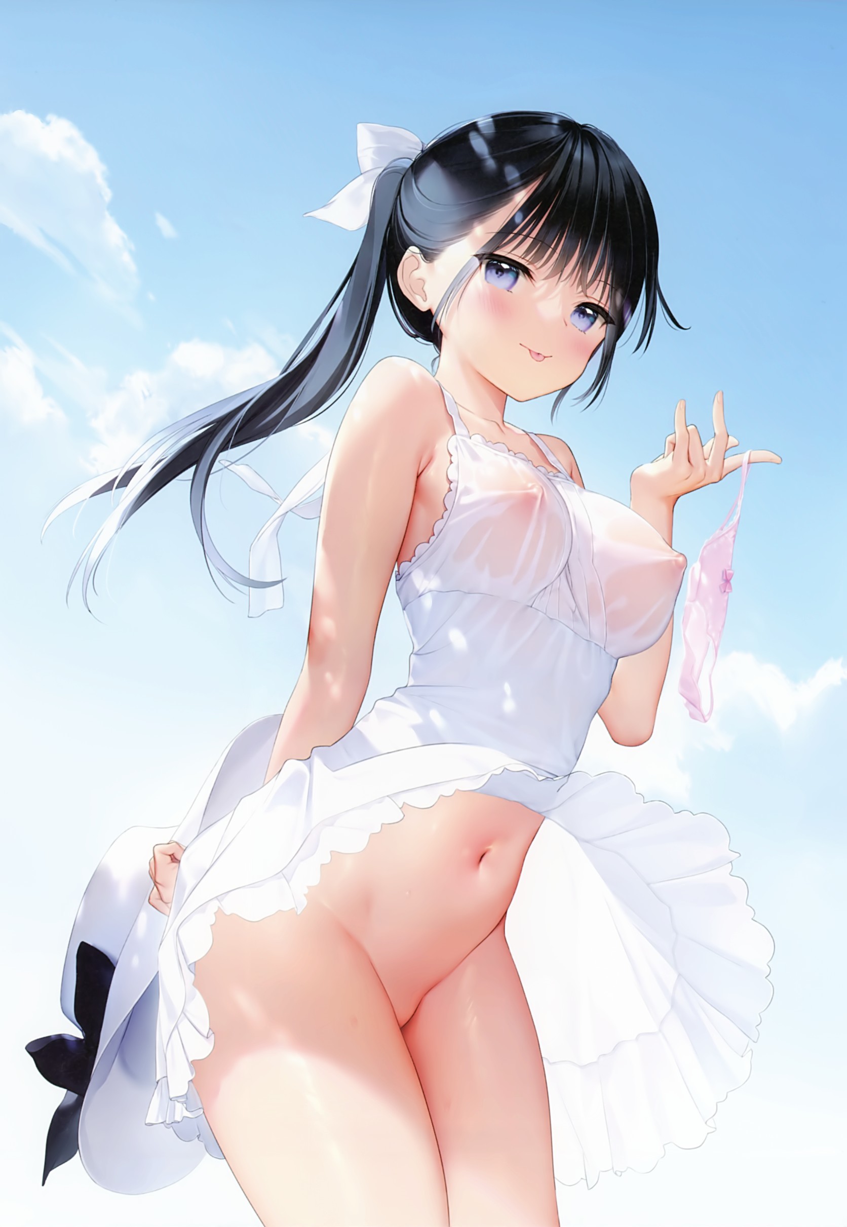 Hot summer (another option) - NSFW, Art, Anime art, Anime original, Original character, Girls, Erotic, Hand-drawn erotica, Boobs, Underwear, Pantsu, No bra, Without underwear, Upskirt, Sweating, Mignon, 