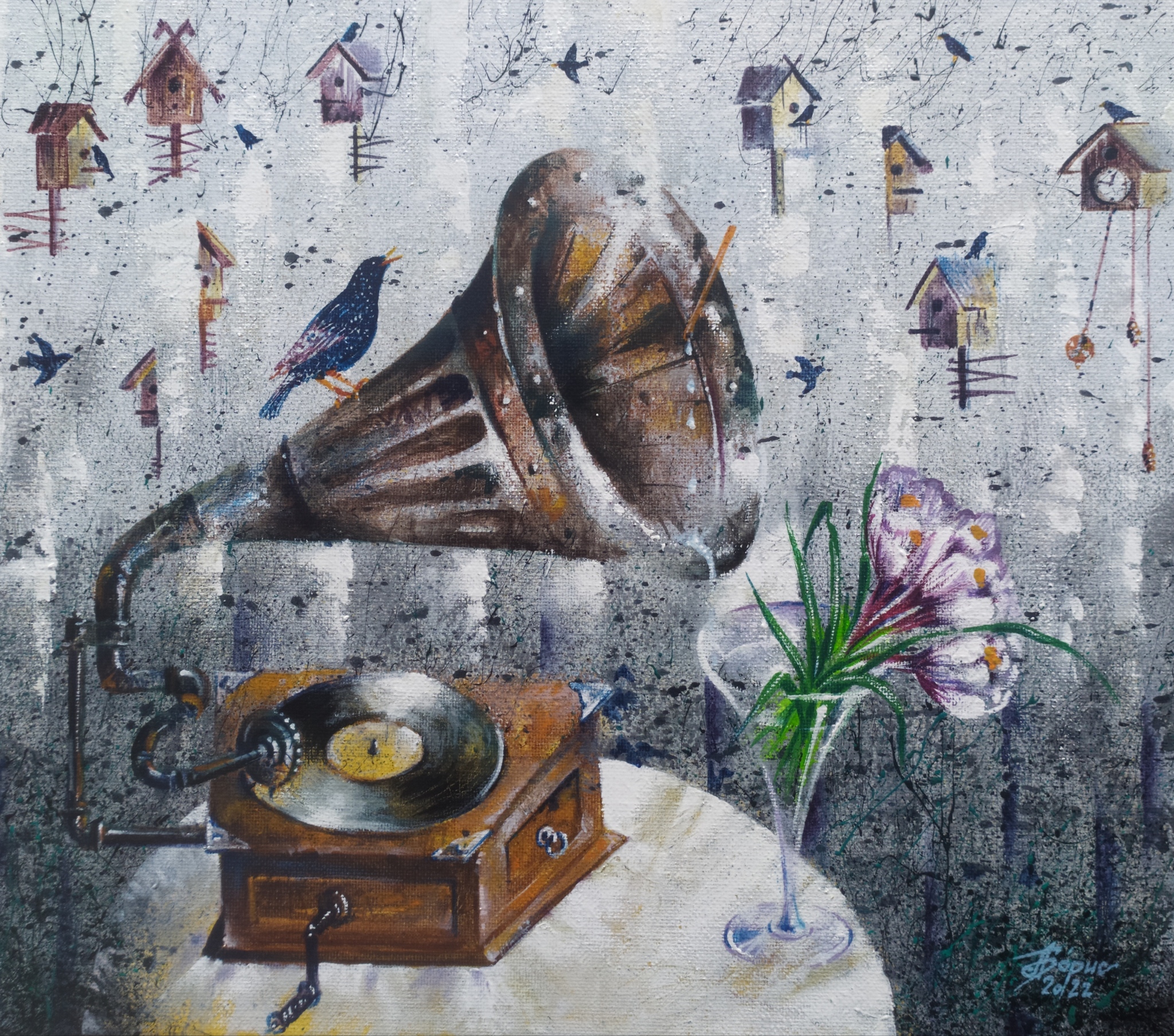 Painting Melody of Spring - My, Painting, Painting, Fantasy, Gramophone, Spring, Crocus, Birch, Birch juice, Art, Birdhouse, Starling, 