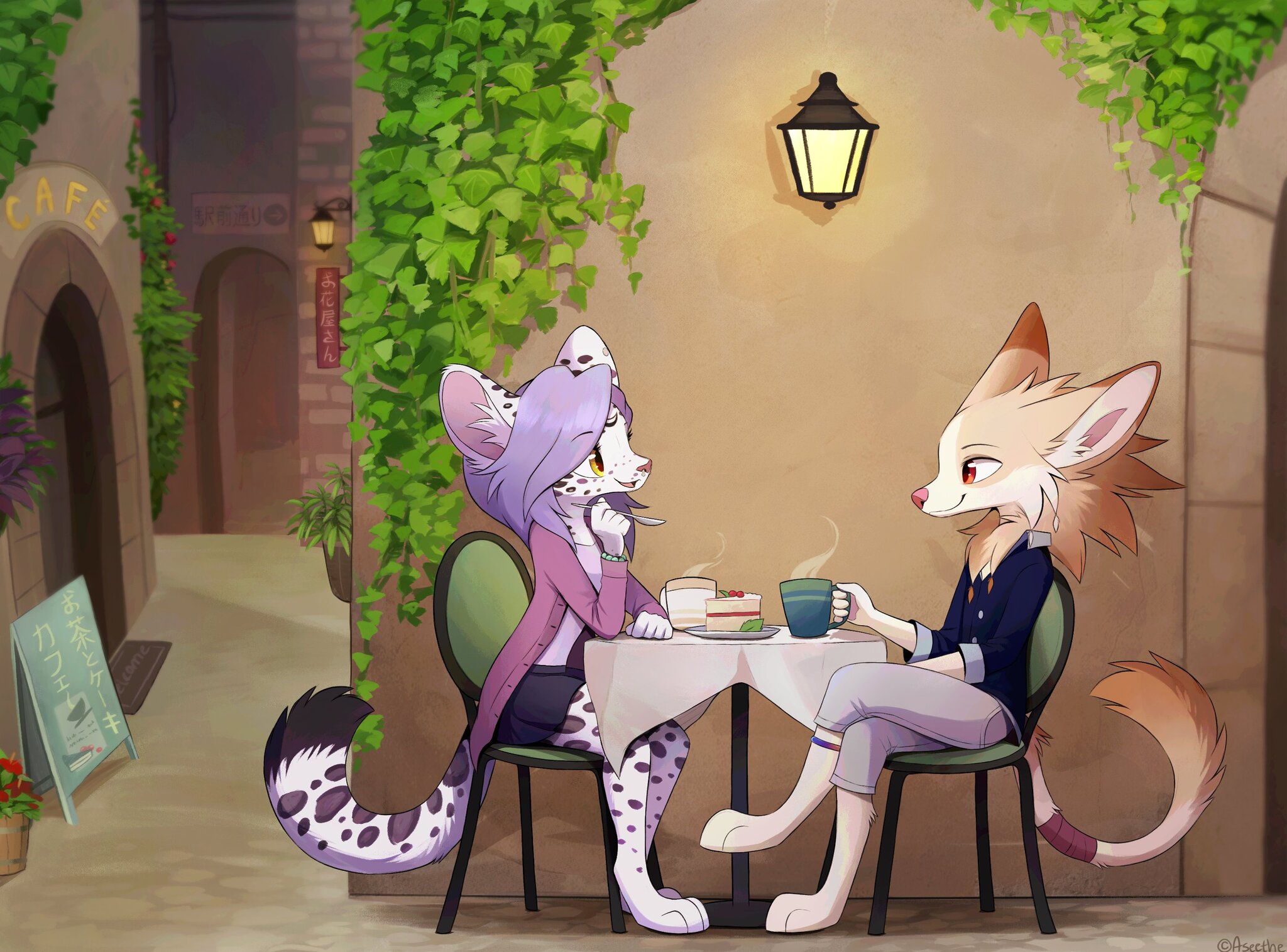 Street cafe - Furry, Anthro, Art, Furry feline, Furry canine, Aseethe