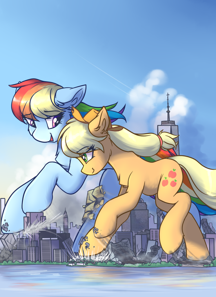 Бегут - My Little Pony, Rainbow Dash, Applejack, Giant Pony, 