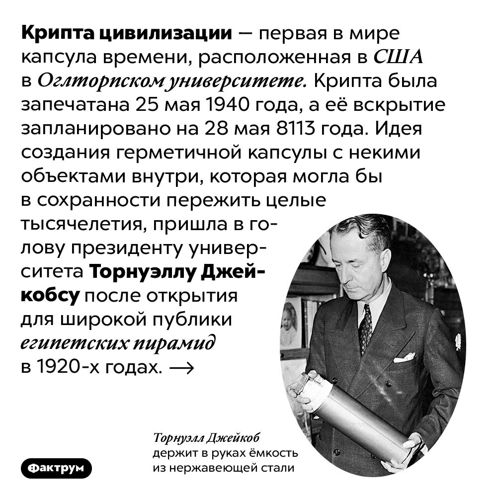 Крипта цивилизации — первая в мире капсула времени, закрытая в 1940 году - Фактрум, Познавательно, История, Картинка с текстом, Длиннопост, 