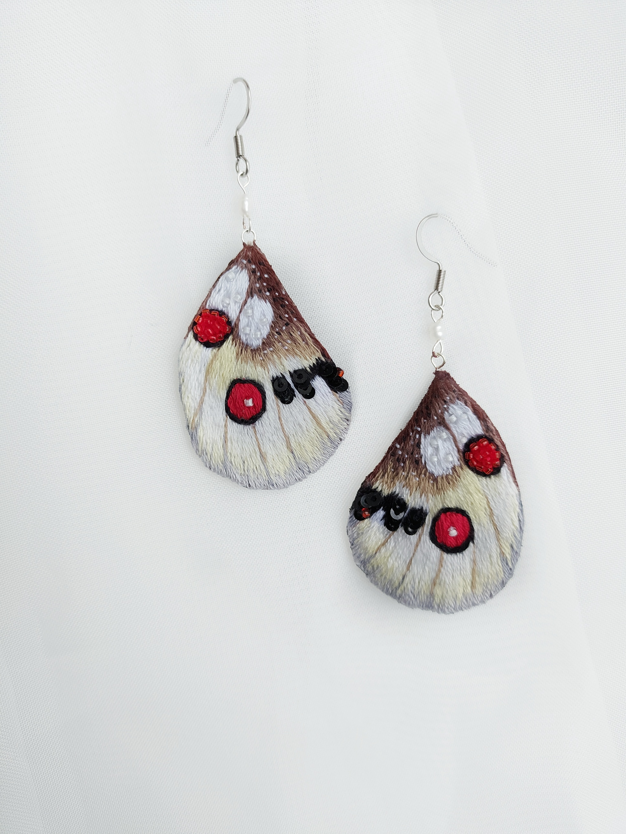 More earrings. Wings of Apollo - My, Brooch, Needlework without process, Embroidery, Satin stitch embroidery, Beads, Earrings, Butterfly, Apollo, Handmade, Longpost, 