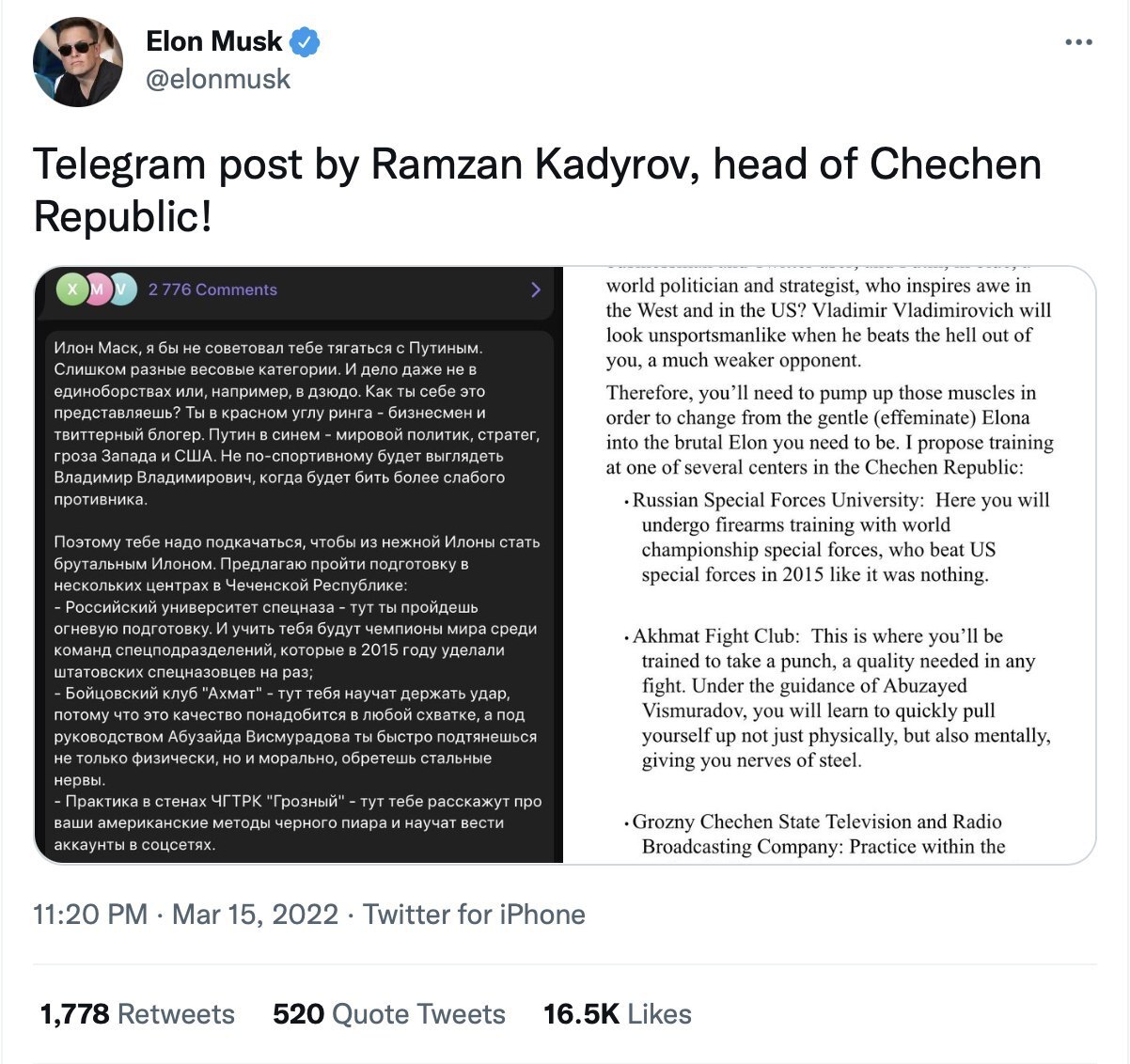 Now I've definitely seen everything! - Ramzan Kadyrov, Twitter, Elon Musk, Vladimir Putin, , Screenshot