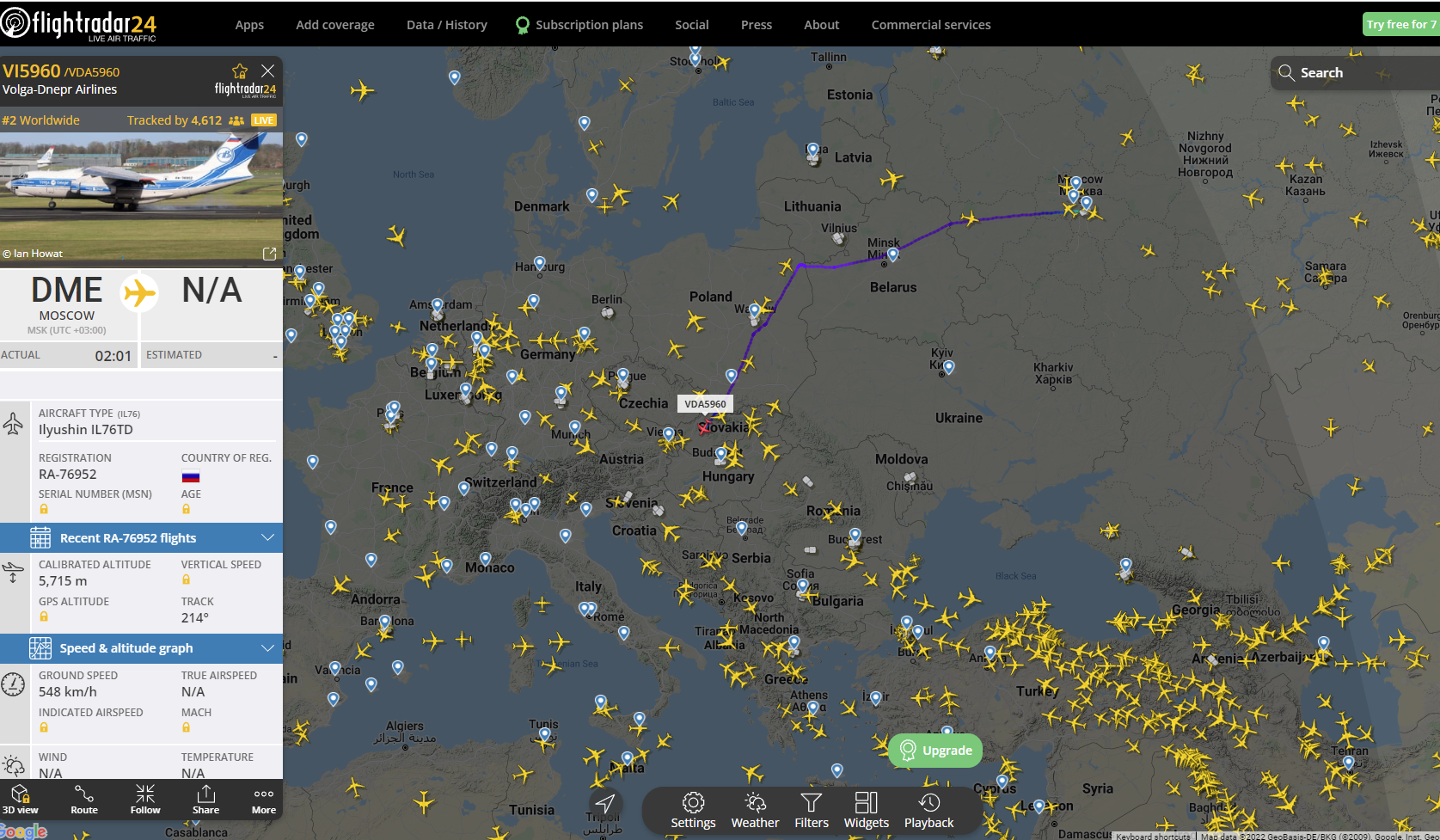 Российский Ил-76 над Европой - Моё, Flightradar24, Авиация, Самолет, 