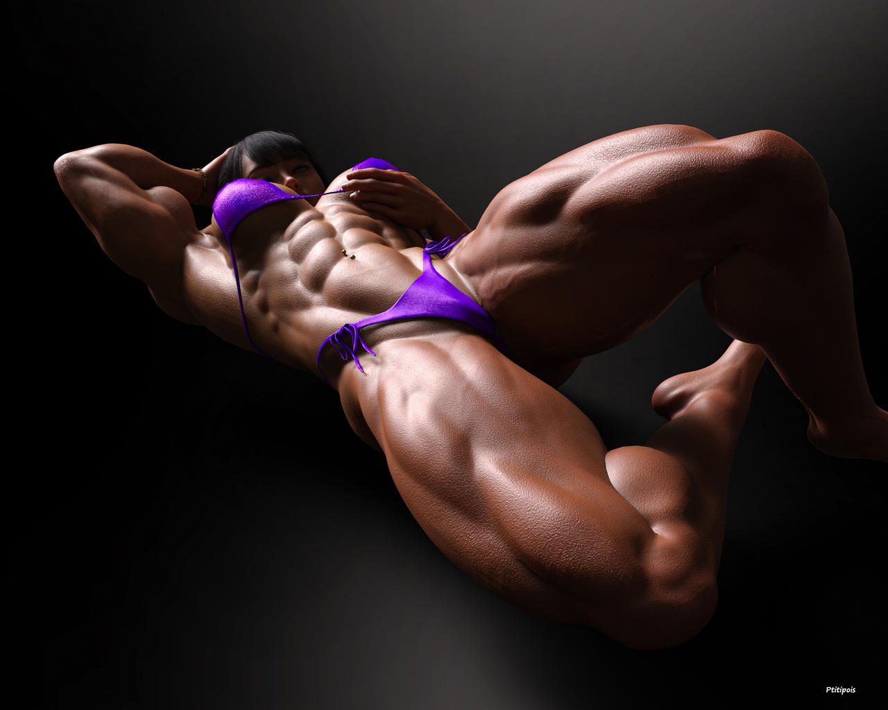 Selection of Extreme Muscle Girls Art / @Ptitipois - NSFW, Girls, Strong girl, Bodybuilders, Extreme muscles, Sleep-Sleep, Art, 3D, Longpost, Ptitipois, 