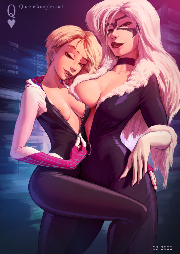 Gwen Stacy & Felicia Hardy - NSFW, Art, Drawing, Marvel, Spiderman, Black cat, Felicia Hardy, Gwen Stacy, Girls, Erotic, Hand-drawn erotica, Boobs, Strip, Choker, Superheroes, Queencomplex, 