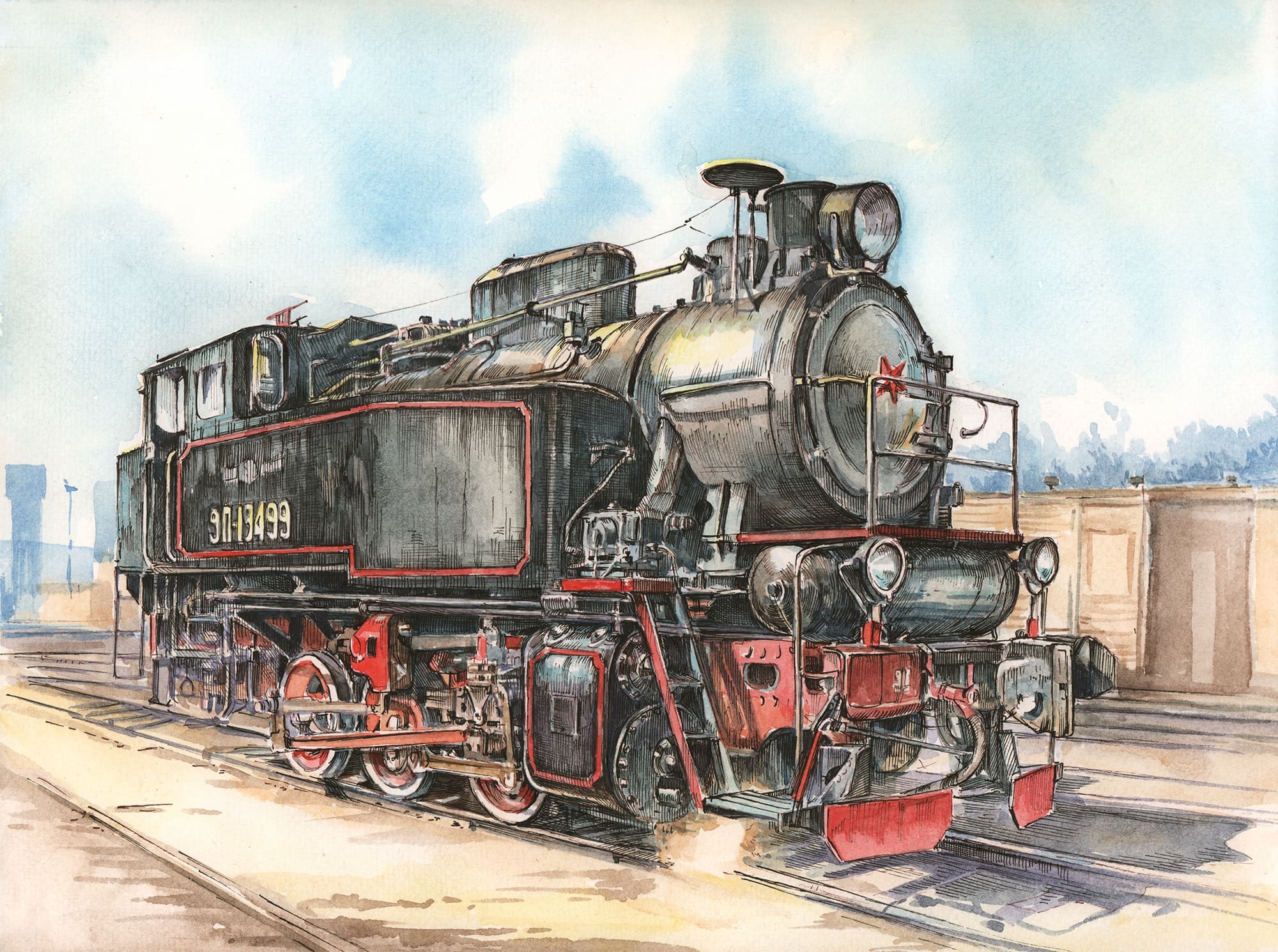 Several domestic steam locomotives - My, Made in USSR, the USSR, Locomotive, Railway, History of the USSR, Russian Railways, Watercolor, Graphics, Longpost