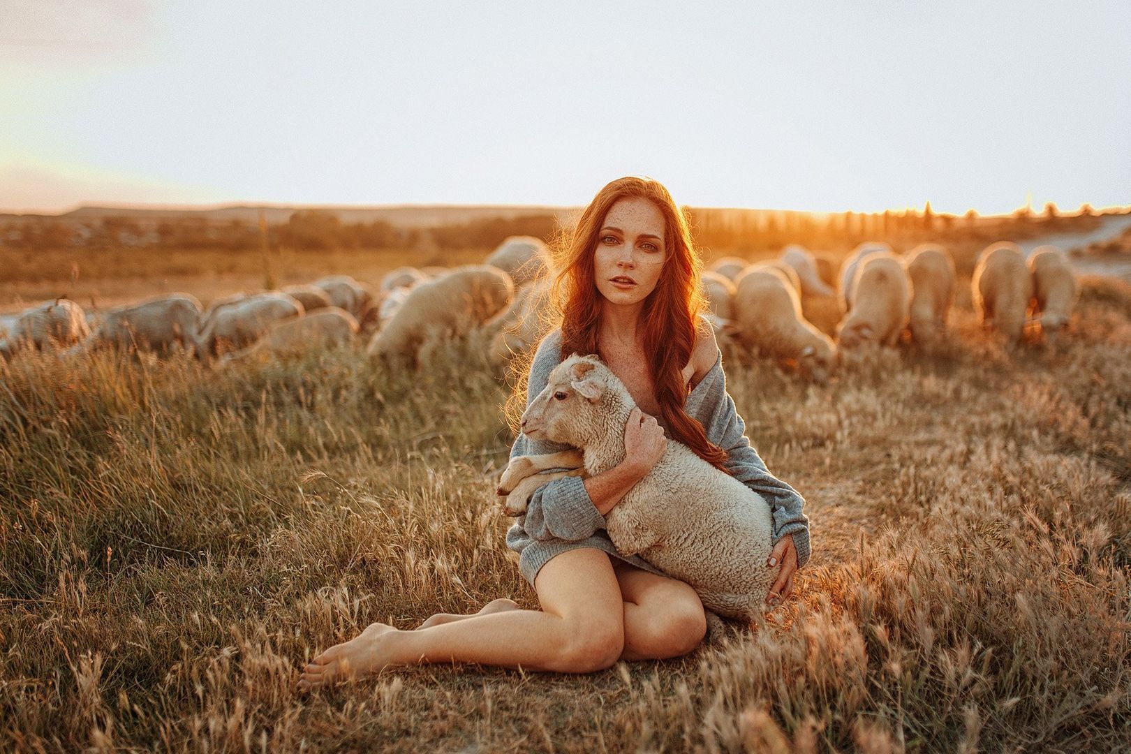 Girl with sheep by Evgeny Freyer - Girls, The photo, Redheads, Long hair, 