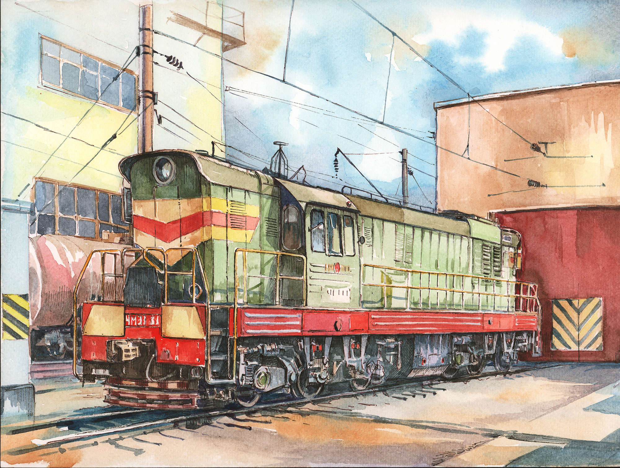 Shunting - My, Watercolor, Railway, Locomotive, Russian Railways, Transport, the USSR, 