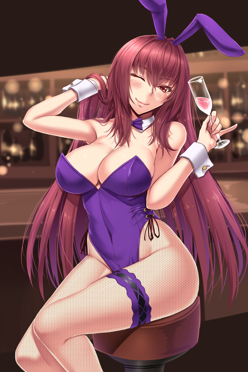 Scathach - NSFW, Shuugetsu Karasu, Anime, Anime art, Art, Hand-drawn erotica, Games, Fate, Fate grand order, Scathach, Bunnysuit, Megane, Swimsuit, Boobs, Booty, Longpost, , Scathach Assassin