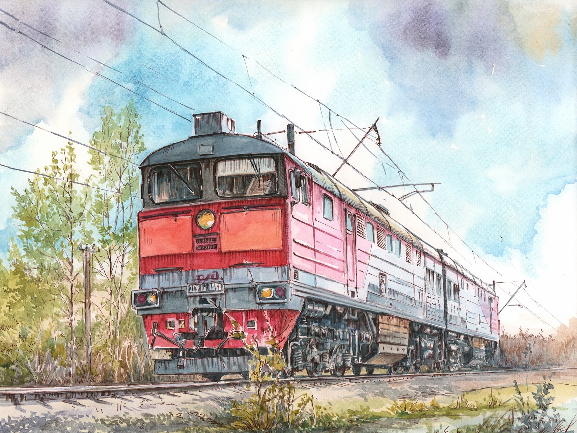 Another diesel locomotive... - My, Transport, Watercolor, Russian Railways, Railway, Locomotive, A train, 