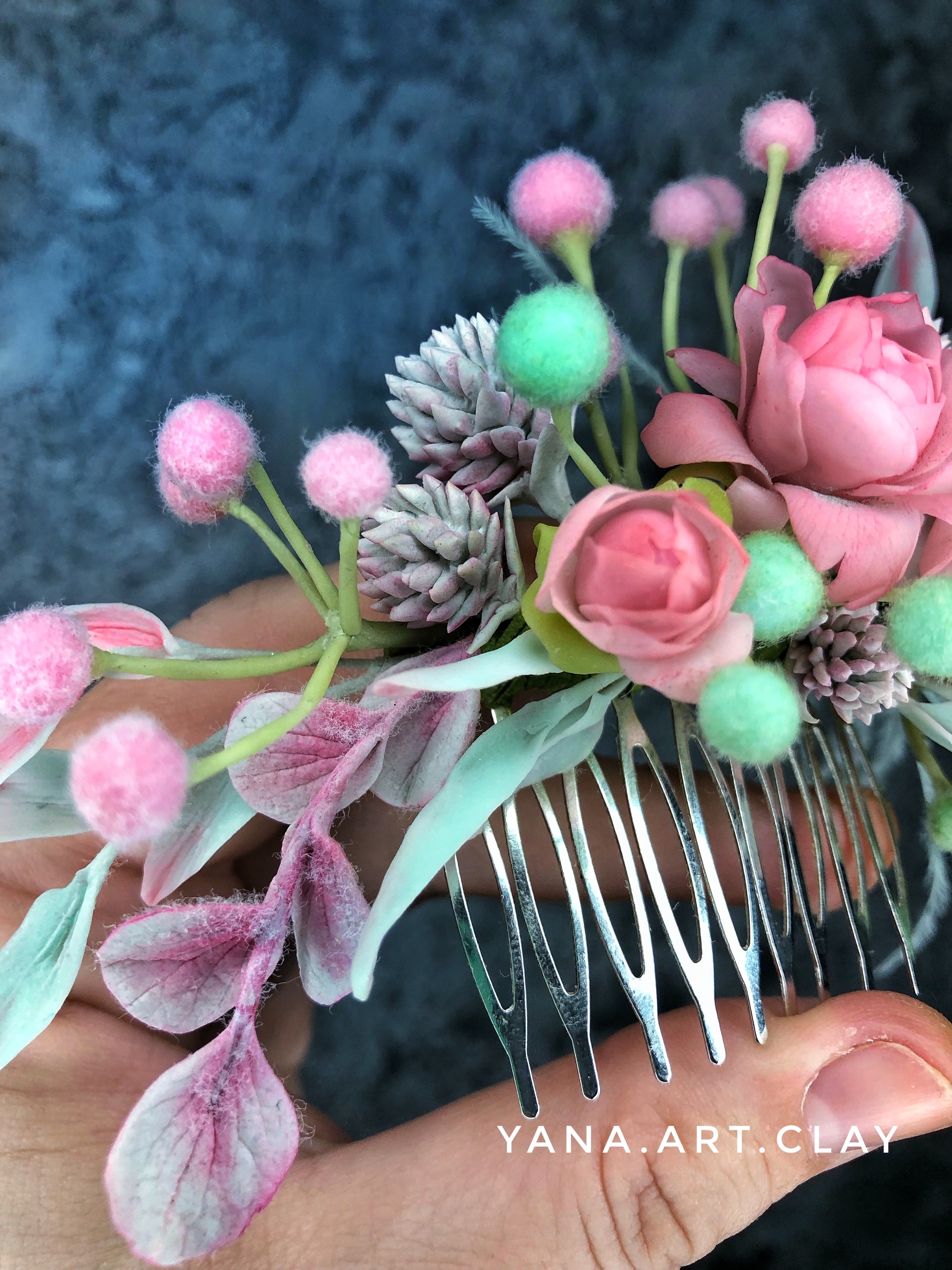 Delicate comb with peonies and ostrich feathers - My, Handmade, Cold porcelain, Wedding, Decoration, Longpost, Needlework without process, 