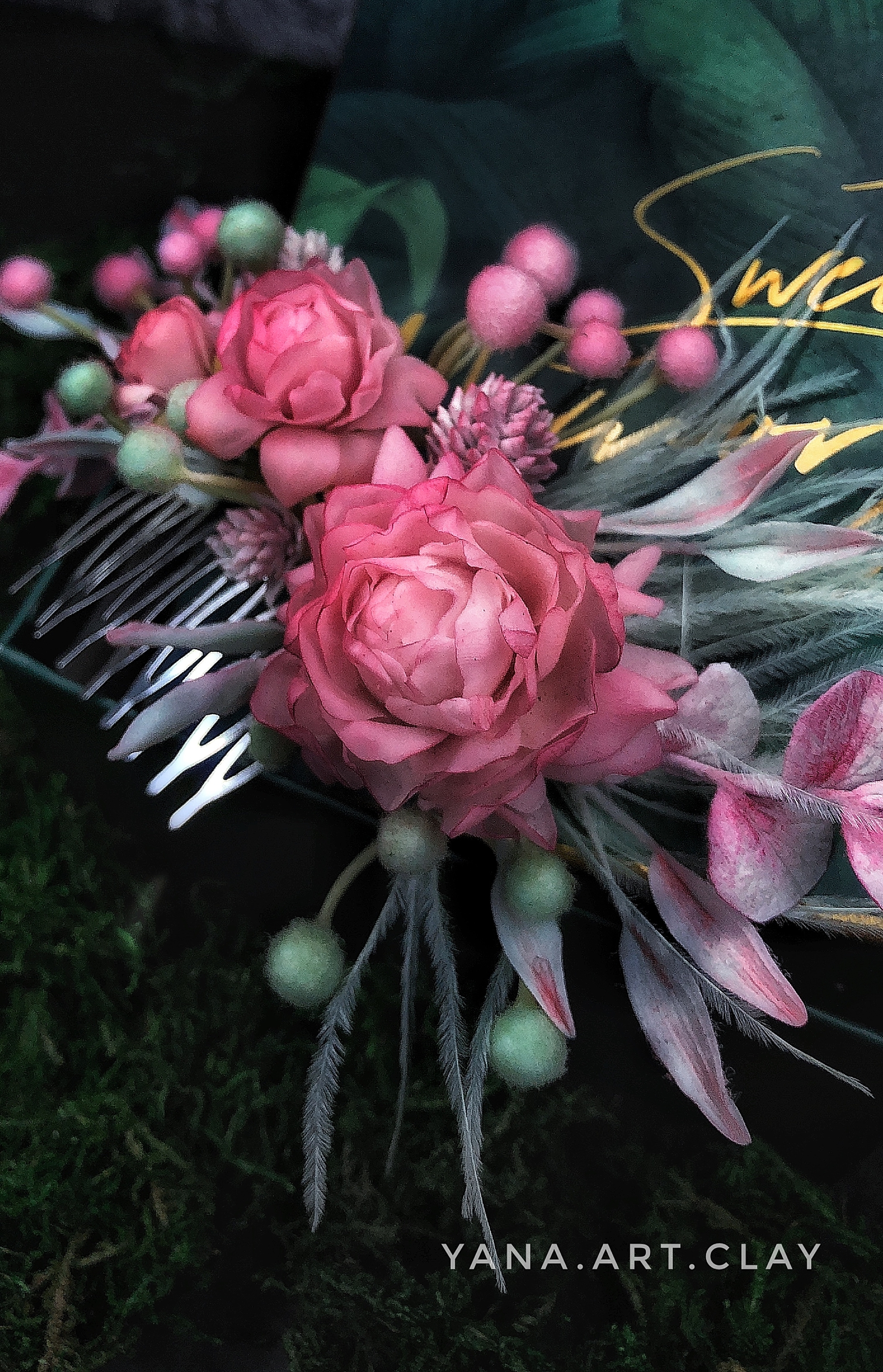 Delicate comb with peonies and ostrich feathers - My, Handmade, Cold porcelain, Wedding, Decoration, Longpost, Needlework without process, 