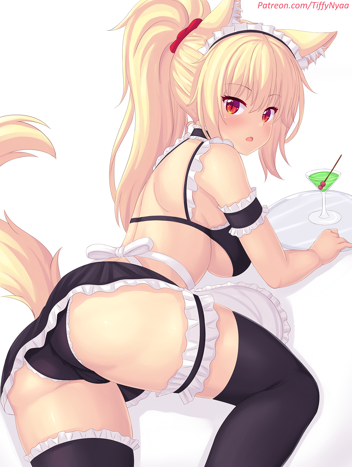 Meidochka) - NSFW, Tail, Hand-drawn erotica, Girls, Anime art, Neko, Housemaid, Pantsu, Anime, Animal ears, Stockings, Booty, Original character, Anime original, Tiffy, Fastrunner2024, 