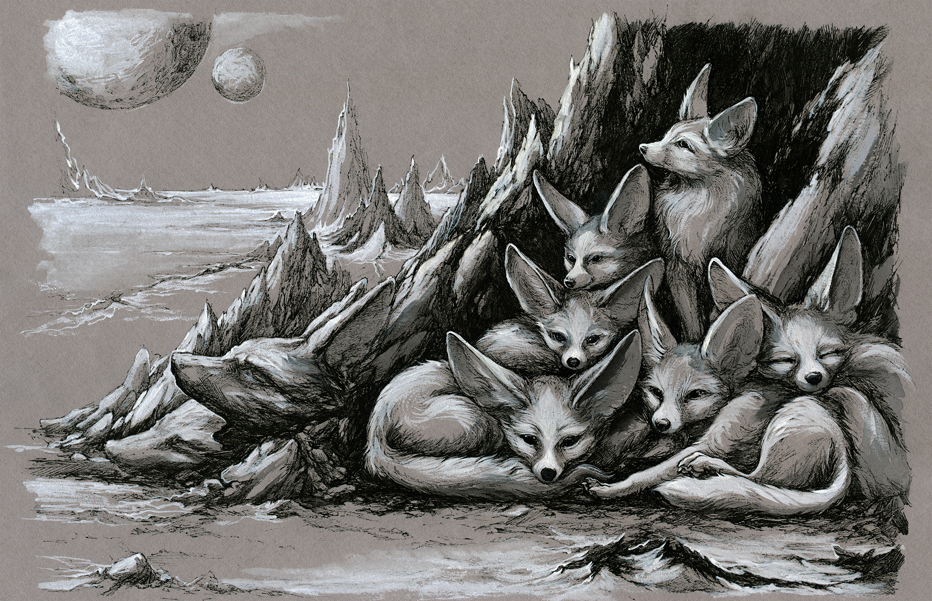 Alien foxes - My, Art, Drawing, Creation, Fox, Illustrations, Watercolor, Elkir, 