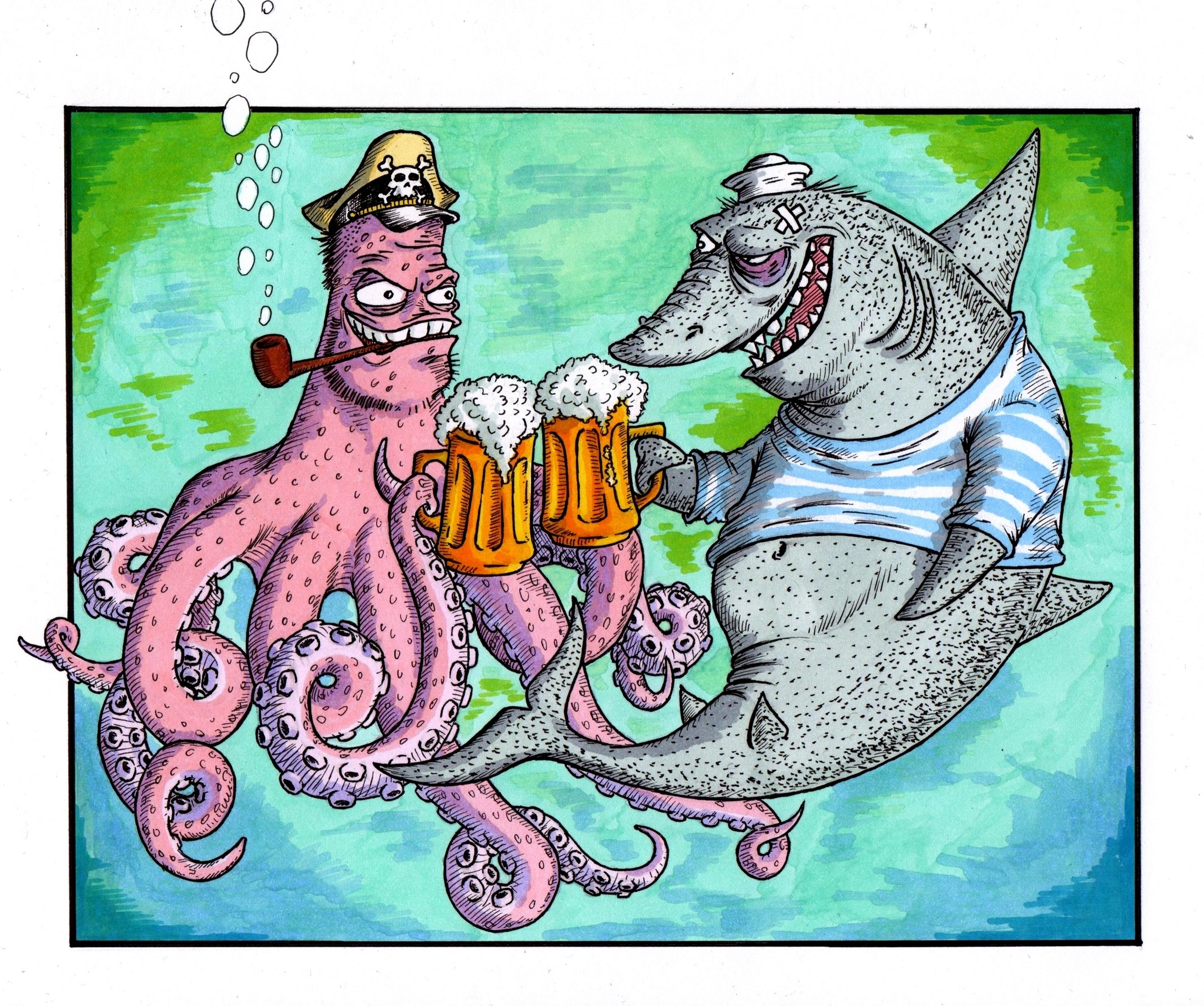 At the bottom... - My, Drawing, Painting, Beginner artist, Artist, Art, Sketch, Comics, Humor, Shark, Octopus, Pirates, Sailors, Ocean, Bottom, Sea, Beer, Alcohol, Tentacles, 