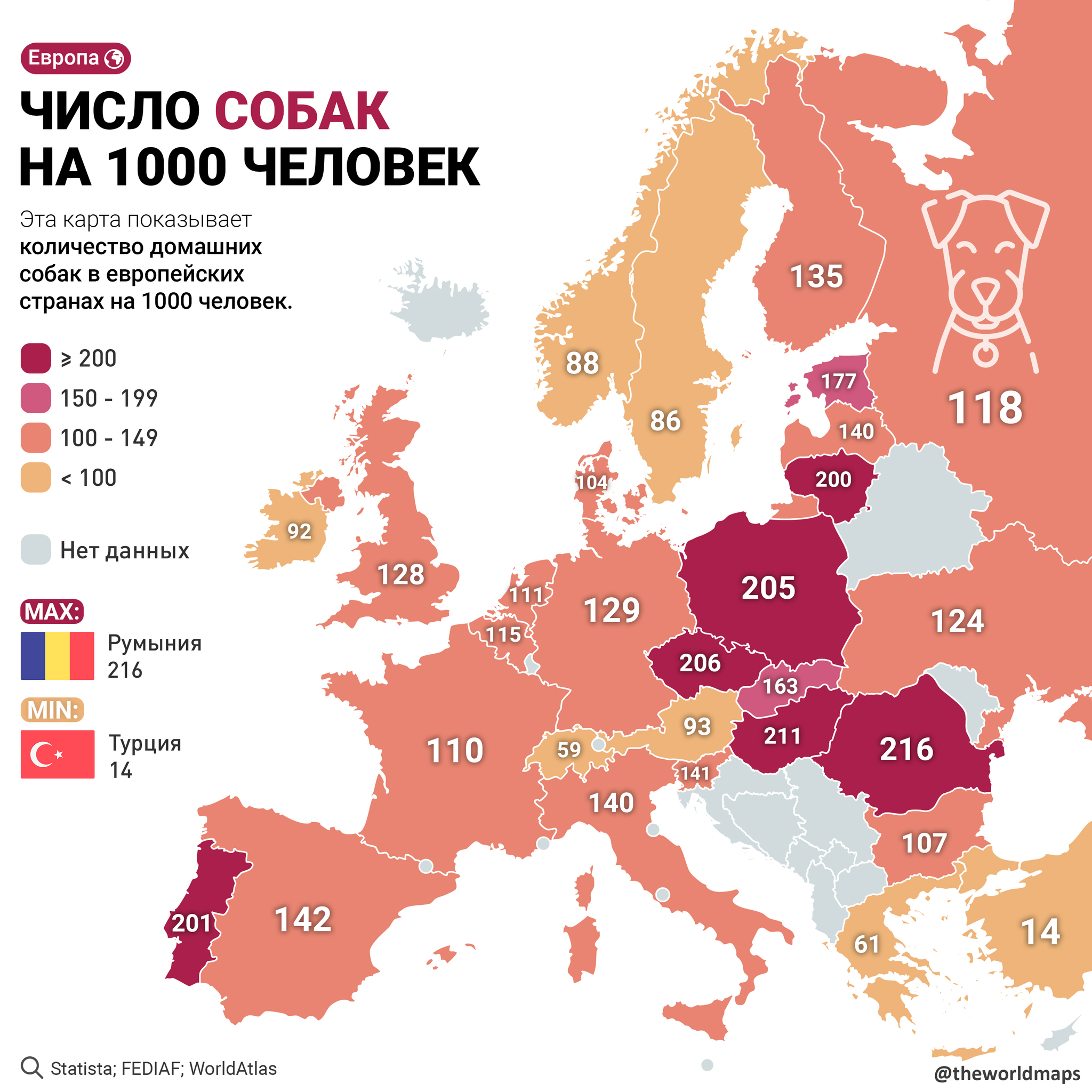 Number of domestic dogs per 1000 people - My, Cards, Europe, Animals, Dog, Statistics, Infographics, 