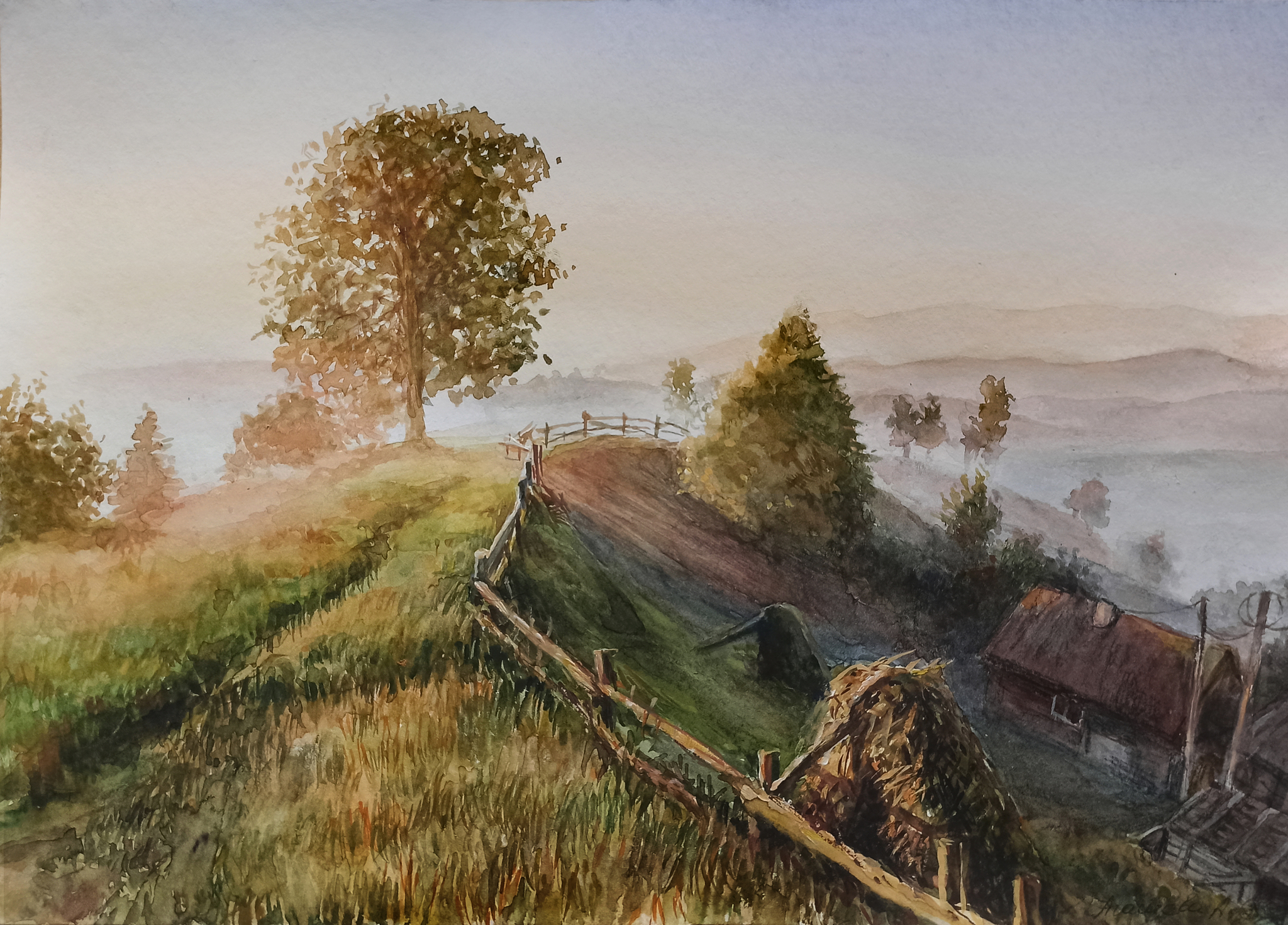 Early morning ,watercolor - My, Watercolor, Travels, Art, Sketch, Drawing, The mountains, Sunset, Art, dawn, Landscape, Sky, Clouds, Village, 