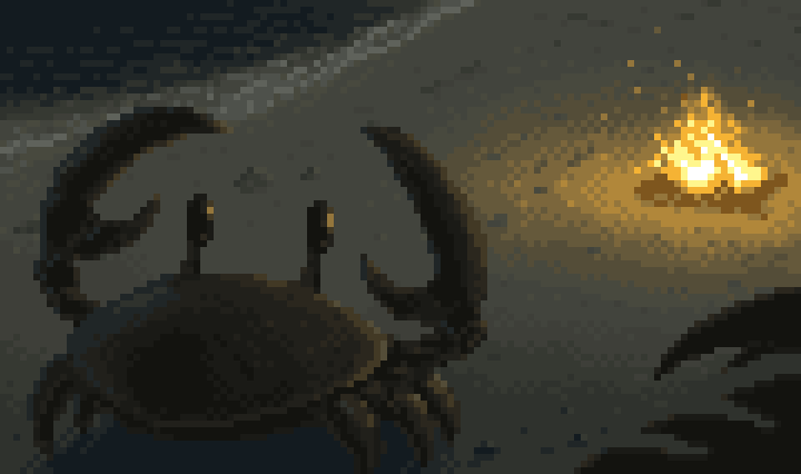 Crab by the fire on the shore - My, Pixel Art, Computer graphics, Computer games, Video game, Gamedev, Indie game, Roguelike, 2D, 2D animation, GIF, 