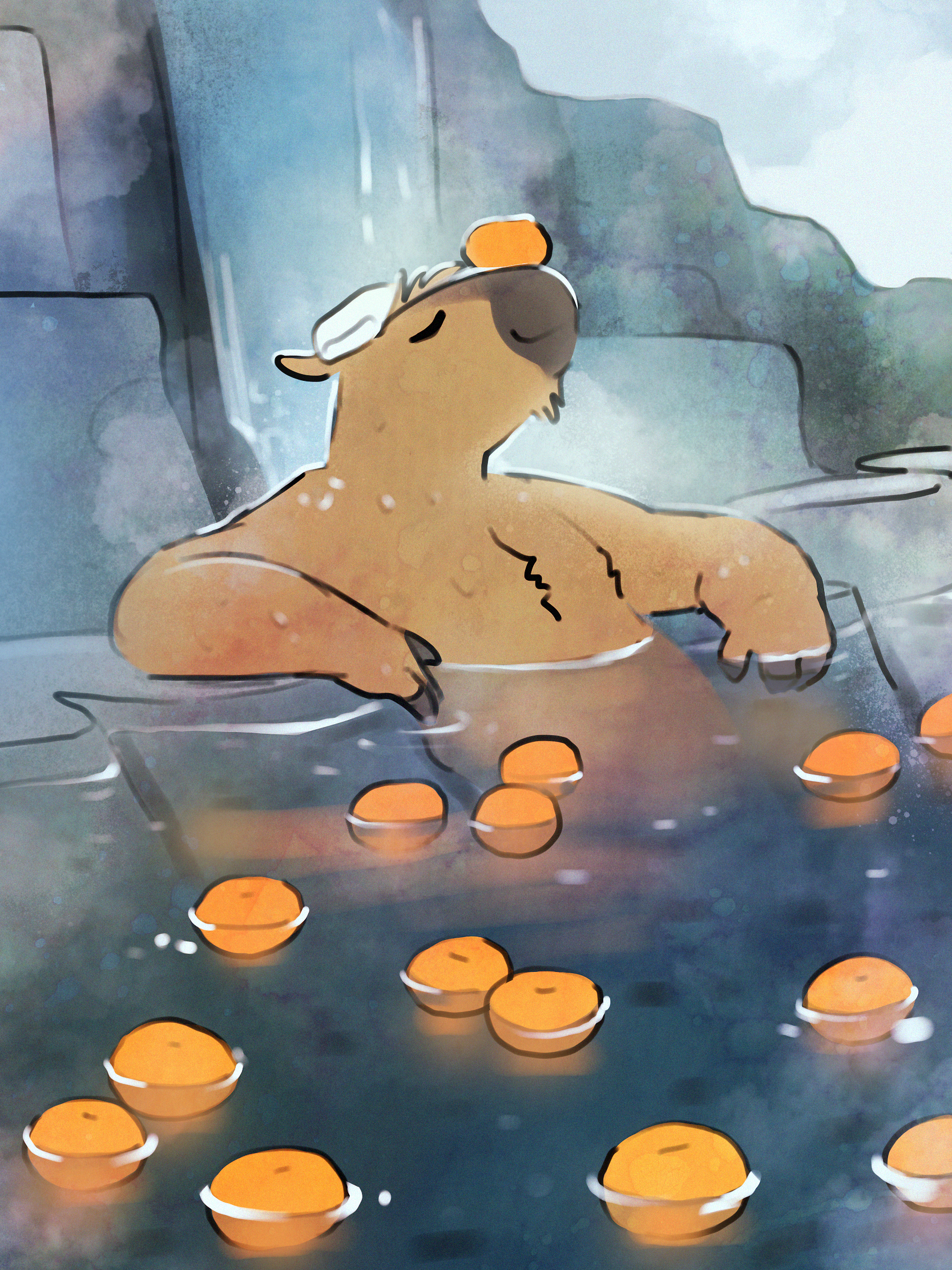 Capybara in the onsen - Furry, Furry art, Capybara, The hot springs, Celebi-Yoshi