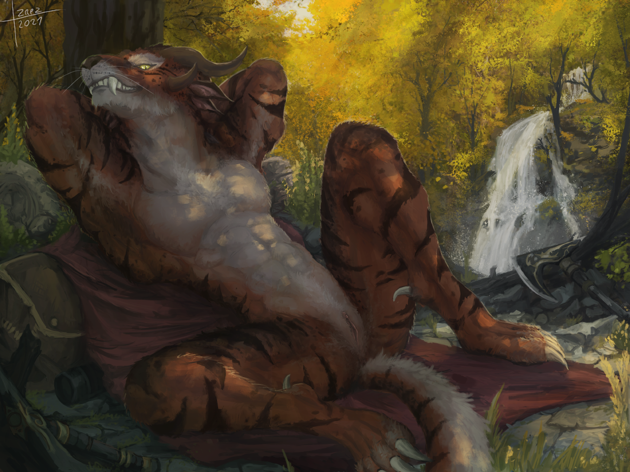 Rest in the forest - NSFW, Furry, Furry art, Guild Wars 2, Charr, Furotica female, Yiff, Izrez