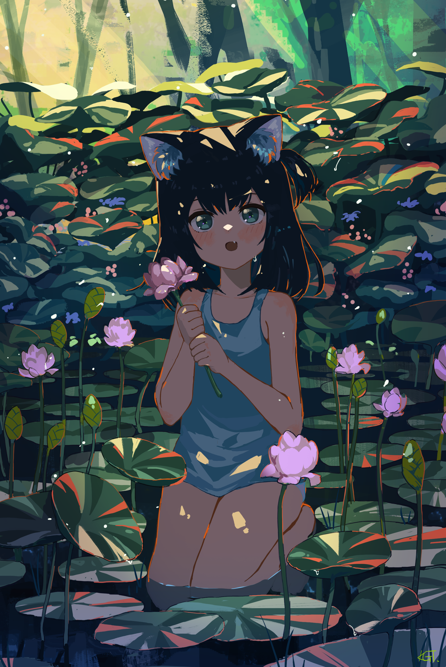 Water lilies - Anime, Anime art, Anime original, Animal ears, Water lily, 