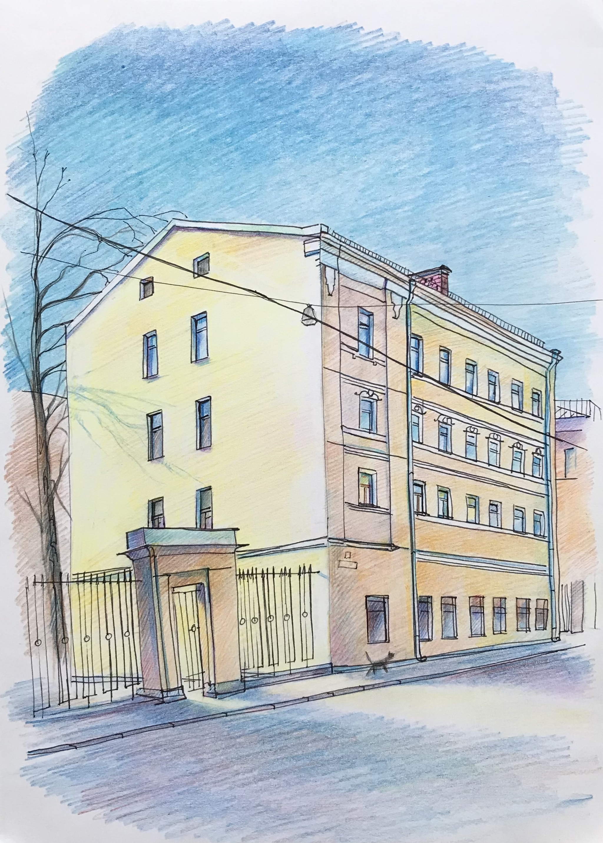 Street on Bolshaya Okhta - My, Colour pencils, Graphics, Luboff00, Marker, Okhta, Saint Petersburg, Pencil drawing, 