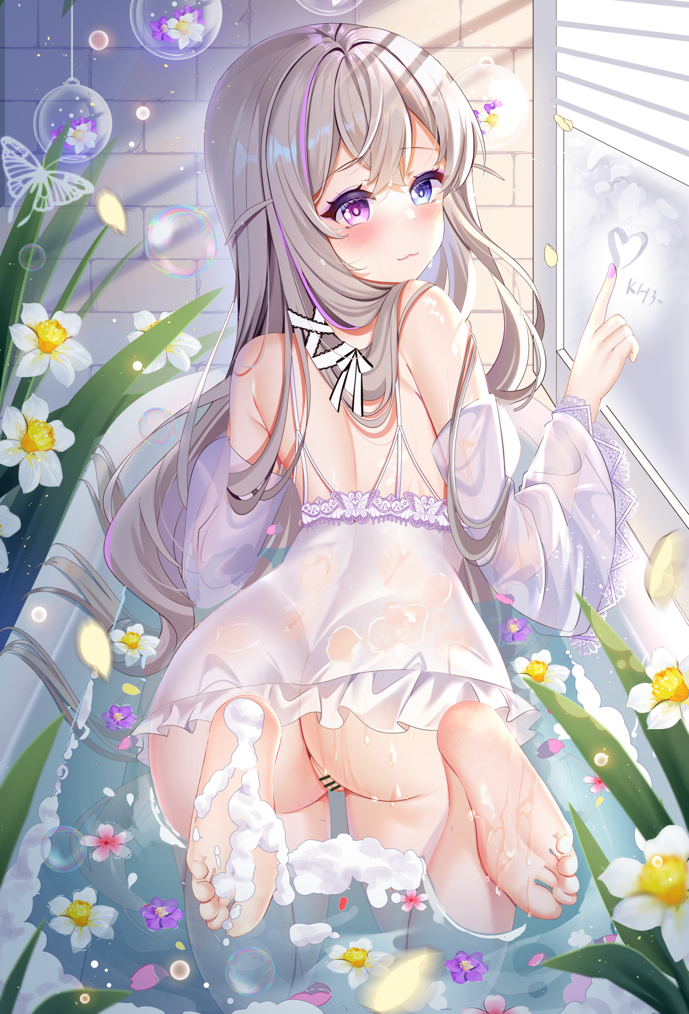 Continuation of the post In the bathroom - NSFW, Anime, Anime original, Anime art, Girls, Peignoir, Wet, Petals, Azur lane, Manjuu, Pixiv, Legs, Booty, Heterochromia, Nudity, Hand-drawn erotica, Reply to post, Longpost, 