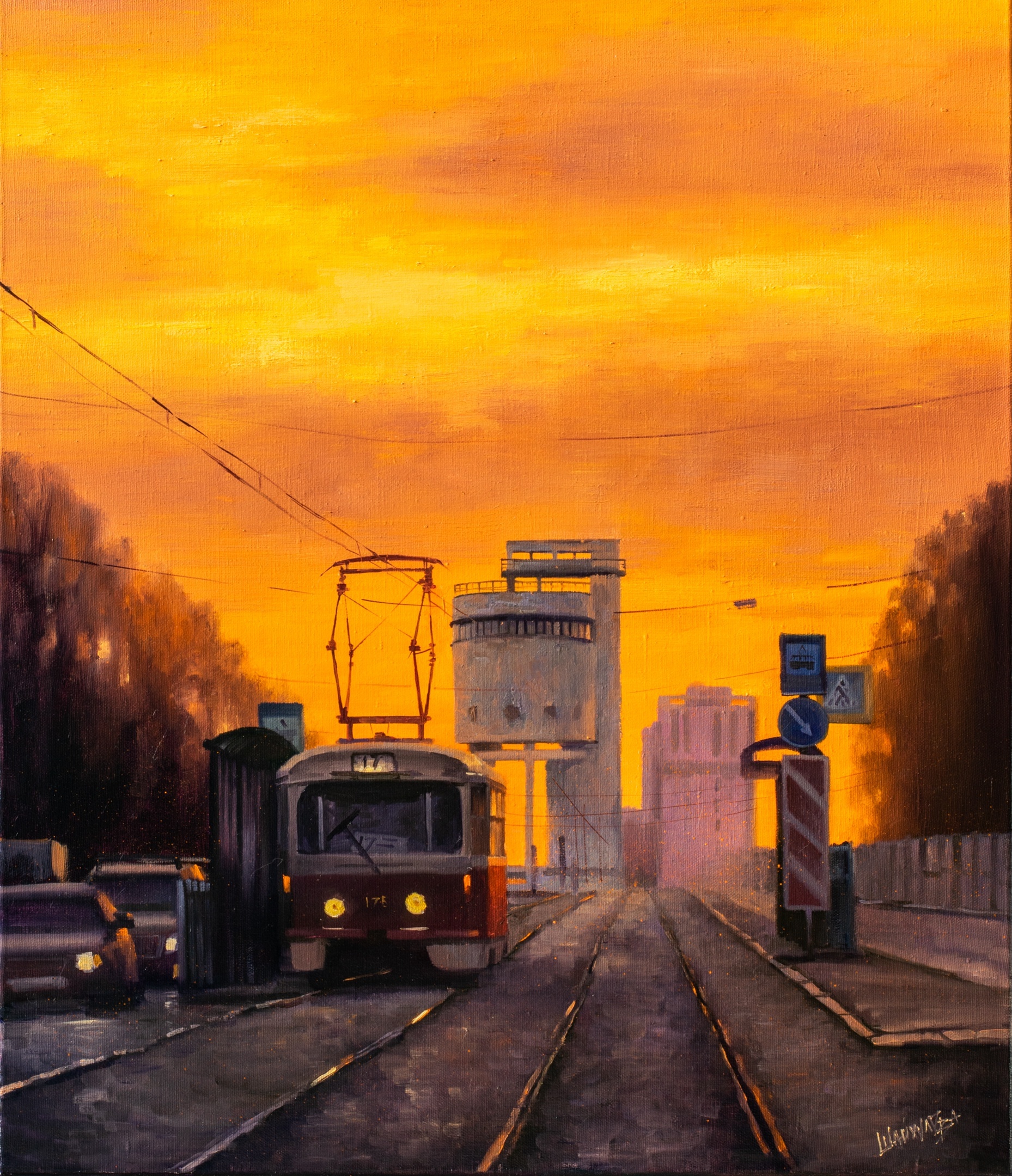 On the way home - My, Art, Creation, Drawing, Painting, Painting, Landscape, Town, Tram, Longpost, Yekaterinburg, White Tower, 