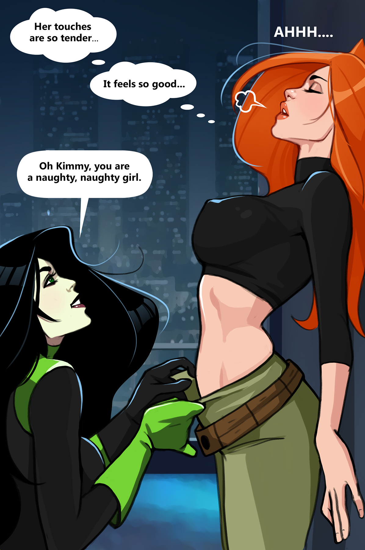 Rooftop Date (Minko) - NSFW, Girls, Art, Lesbian, Shego, Kim Five-with-plus, Erotic, Hand-drawn erotica, Boobs, Underwear, Comics, Translated by myself, Olena Minko, Longpost