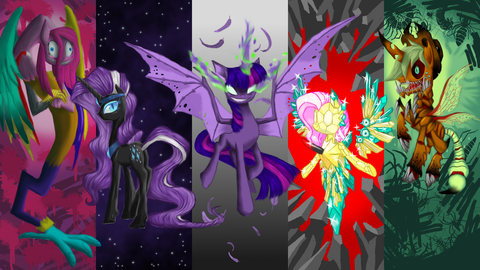 Elements of disharmony - My little pony, PonyArt, Twilight sparkle, Applejack, Pinkie pie, Pinkamena diane pie, Fluttershy, Rarity, Nightmare rarity, Semi-Grimdark